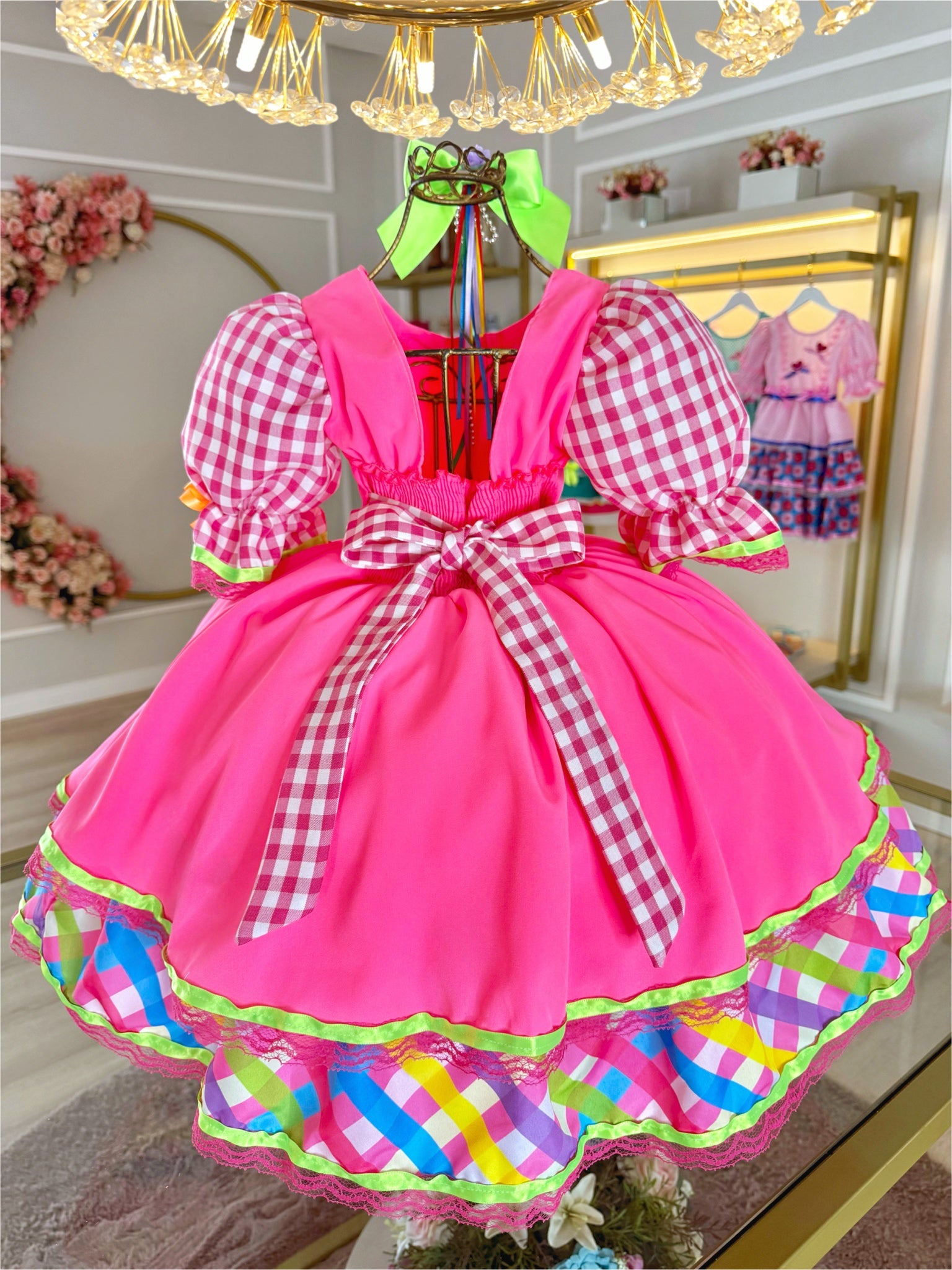 Vestido Infantil Junino Caipira Rosa Neon Colorido Xadrez