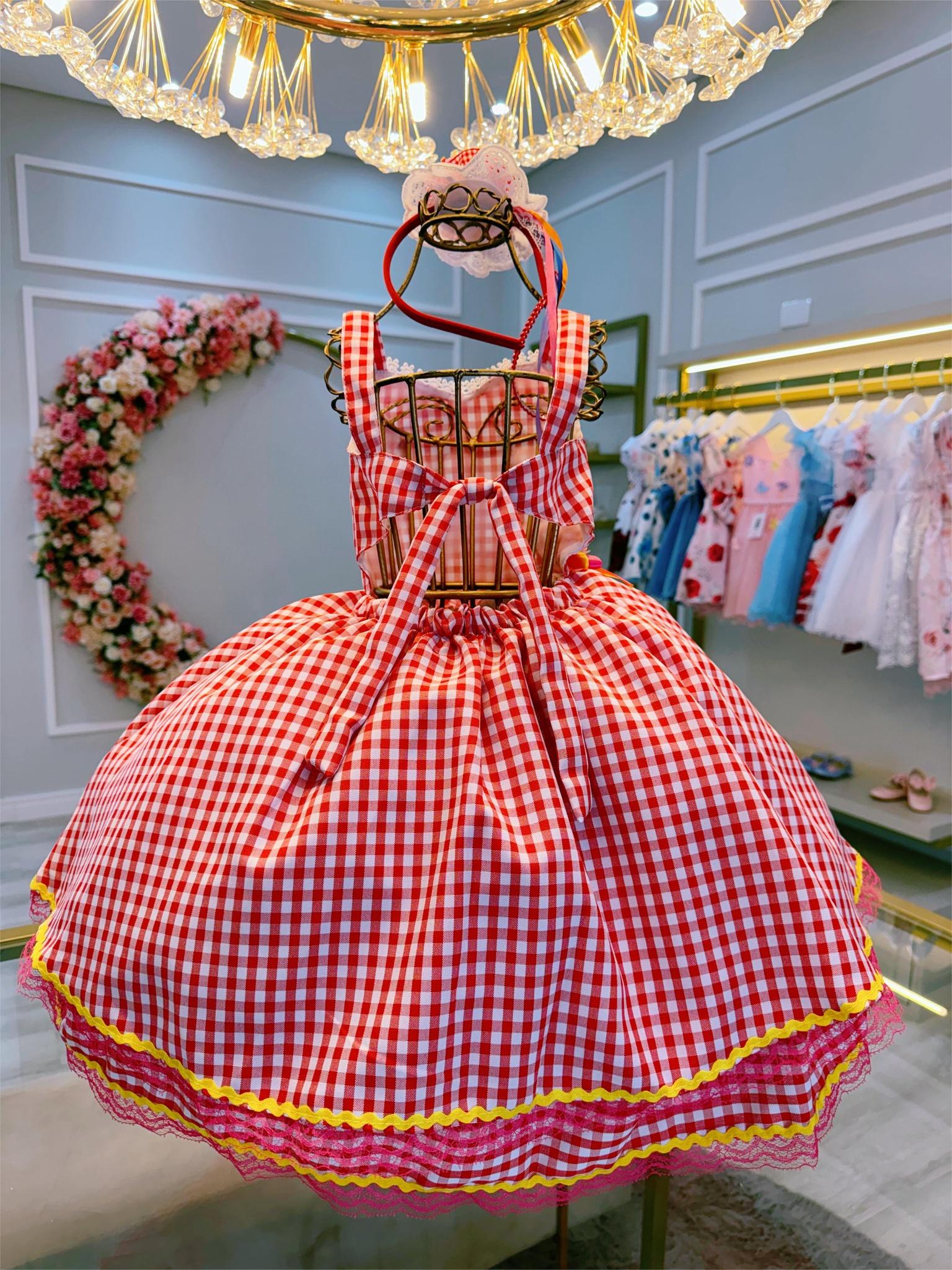 Vestido Infantil Junino Vermelho Xadrez Aplique de Lacinhos