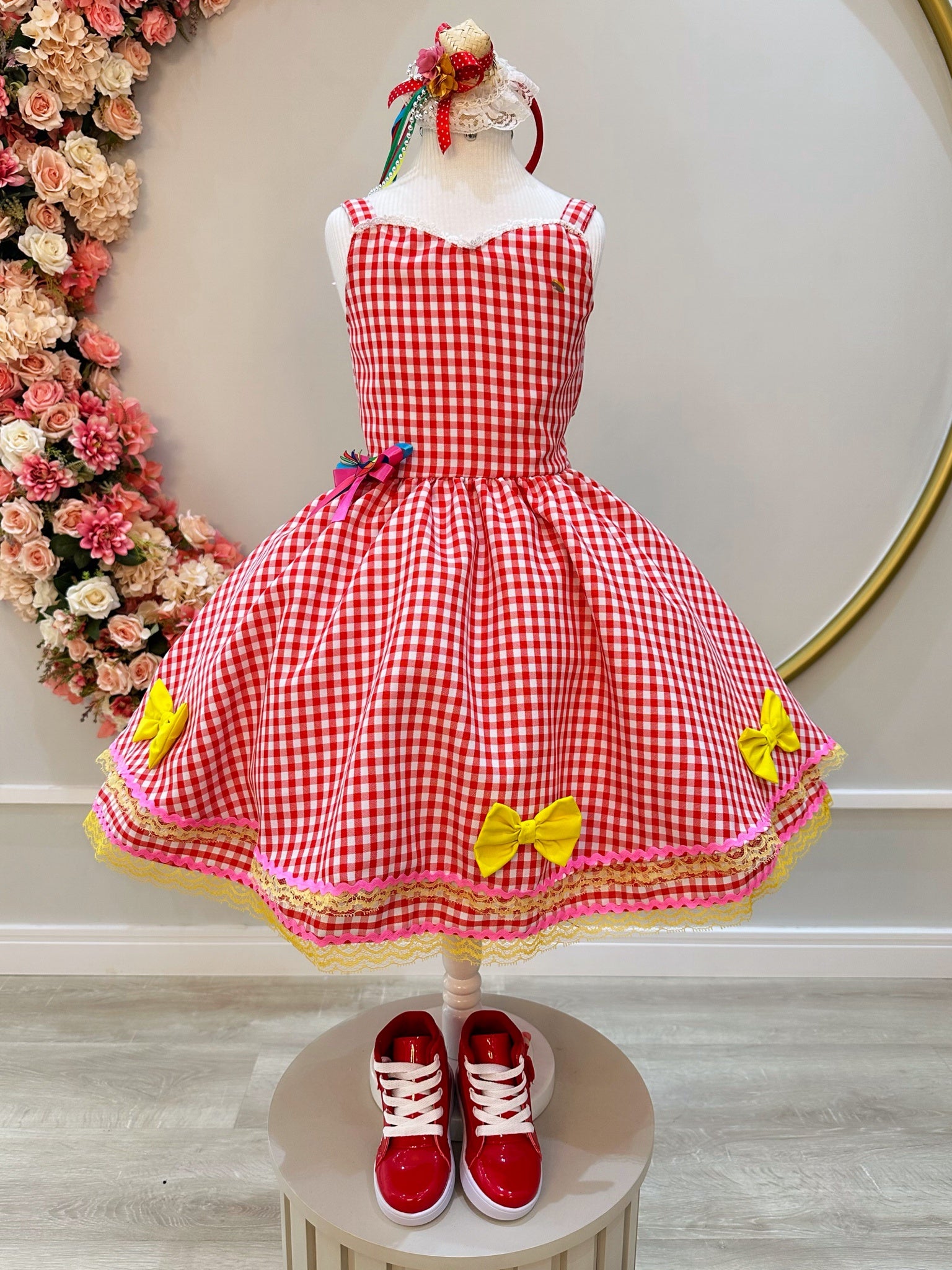 Vestido Infantil Junino Xadrez Vermelho Aplique de Lacinhos