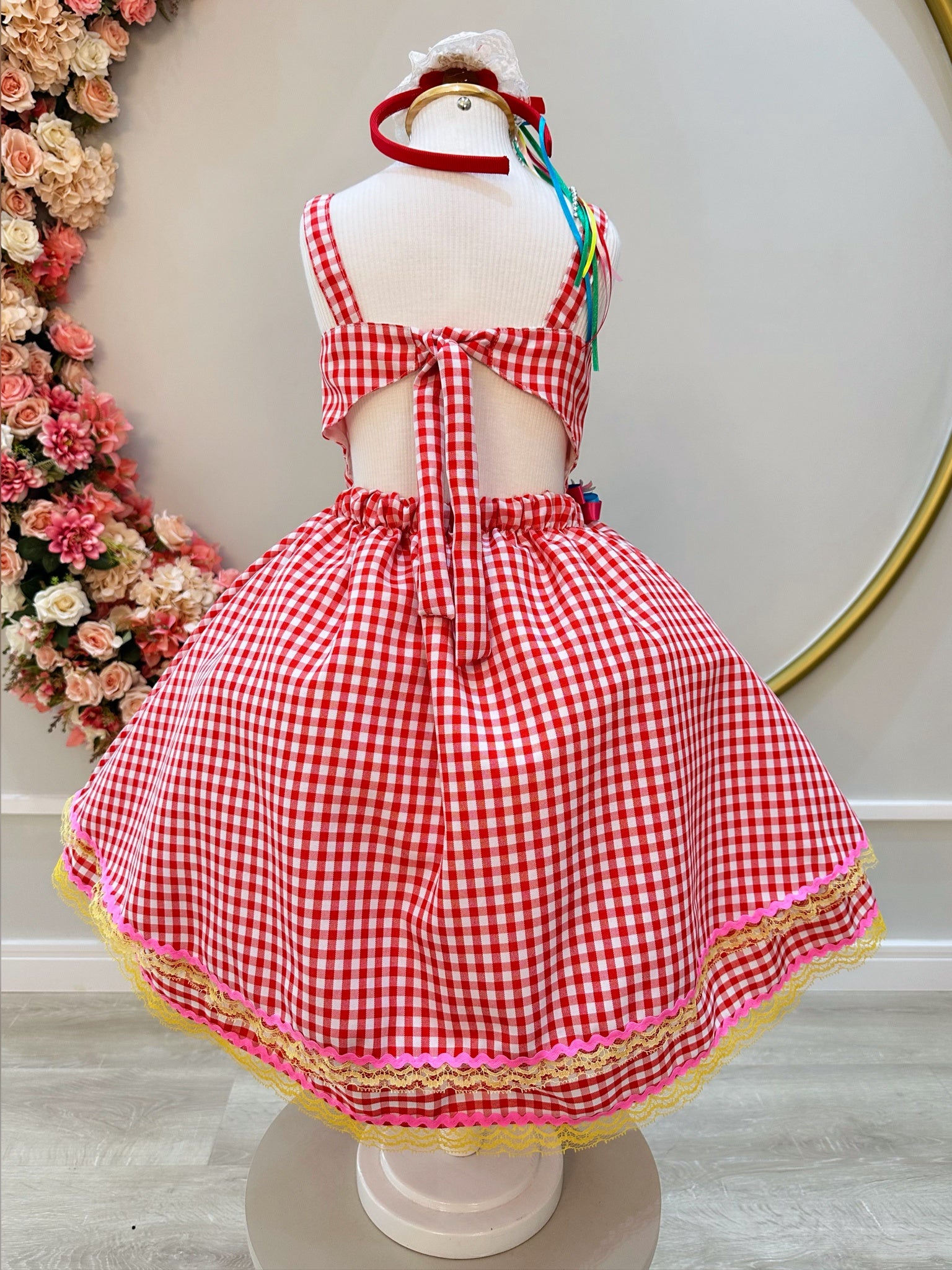 Vestido Infantil Junino Xadrez Vermelho Aplique de Lacinhos