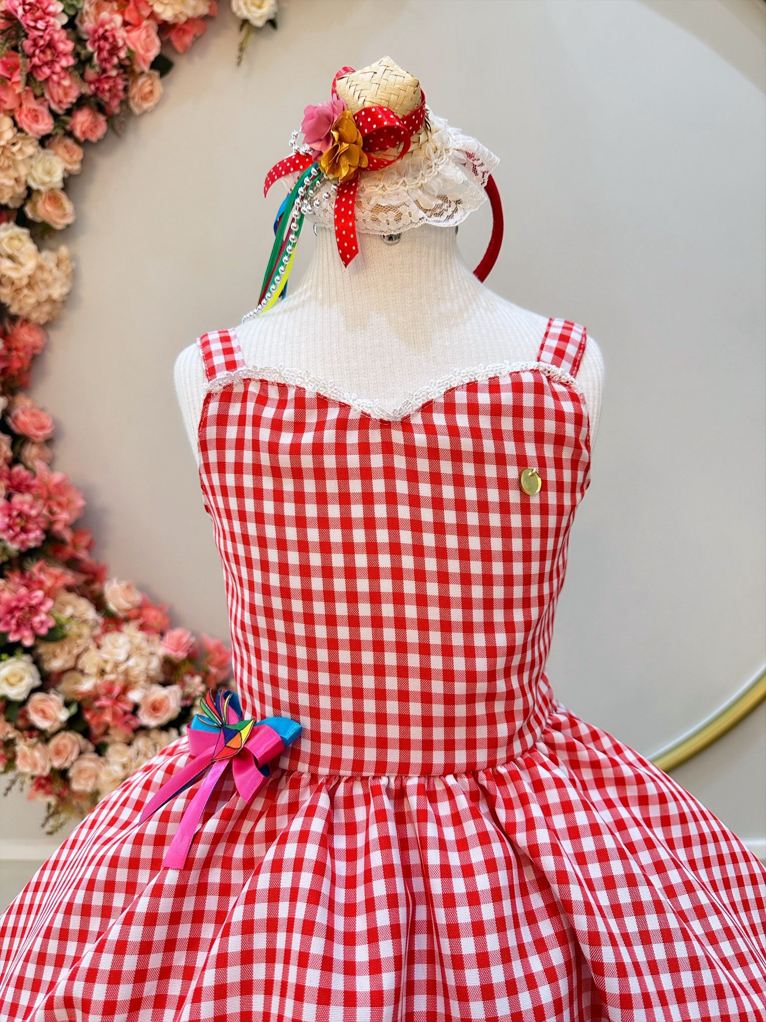 Vestido Infantil Junino Xadrez Vermelho Aplique de Lacinhos