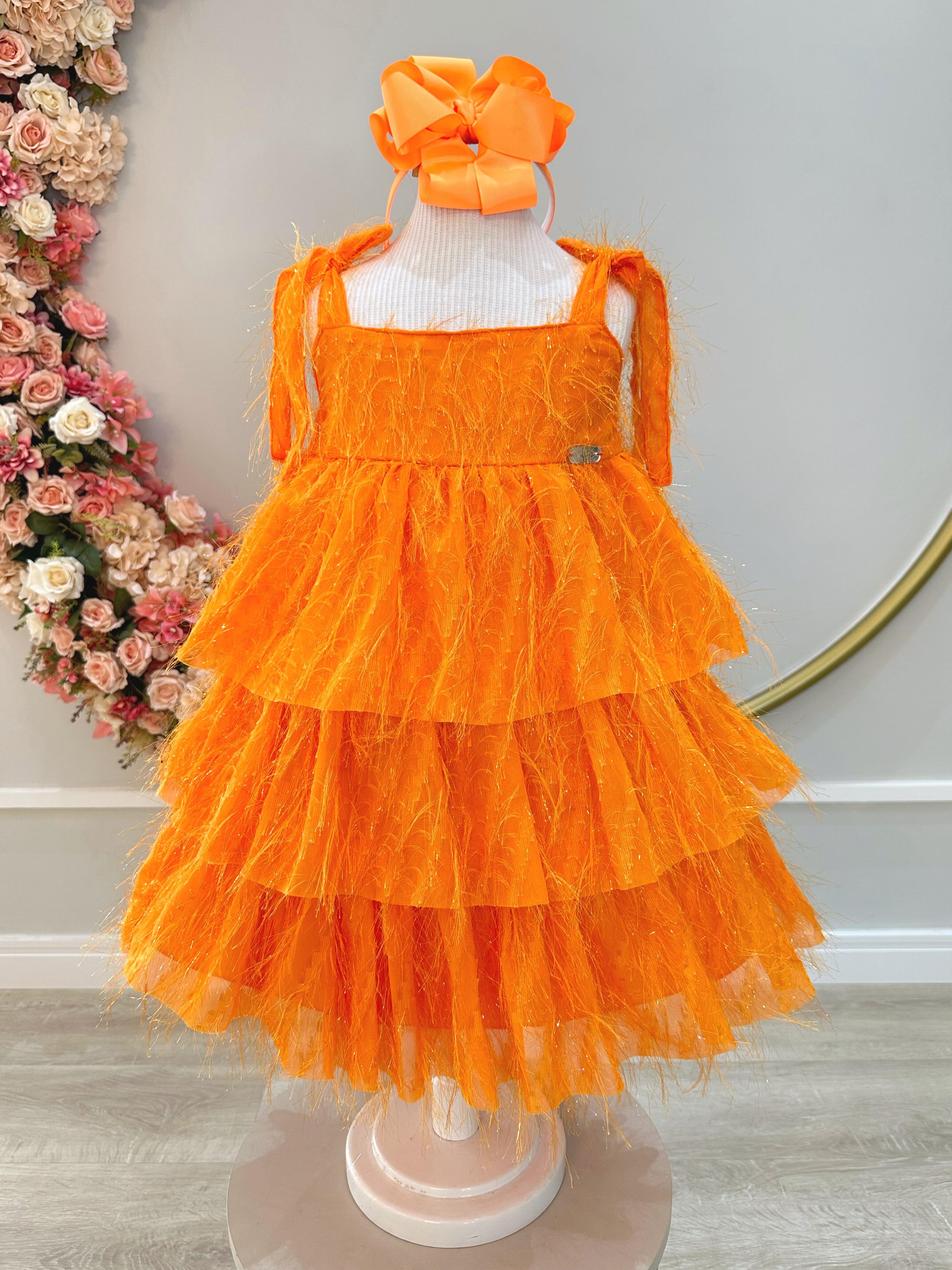 Vestido Infantil Laranja de Alça e Com Plumas Luxo