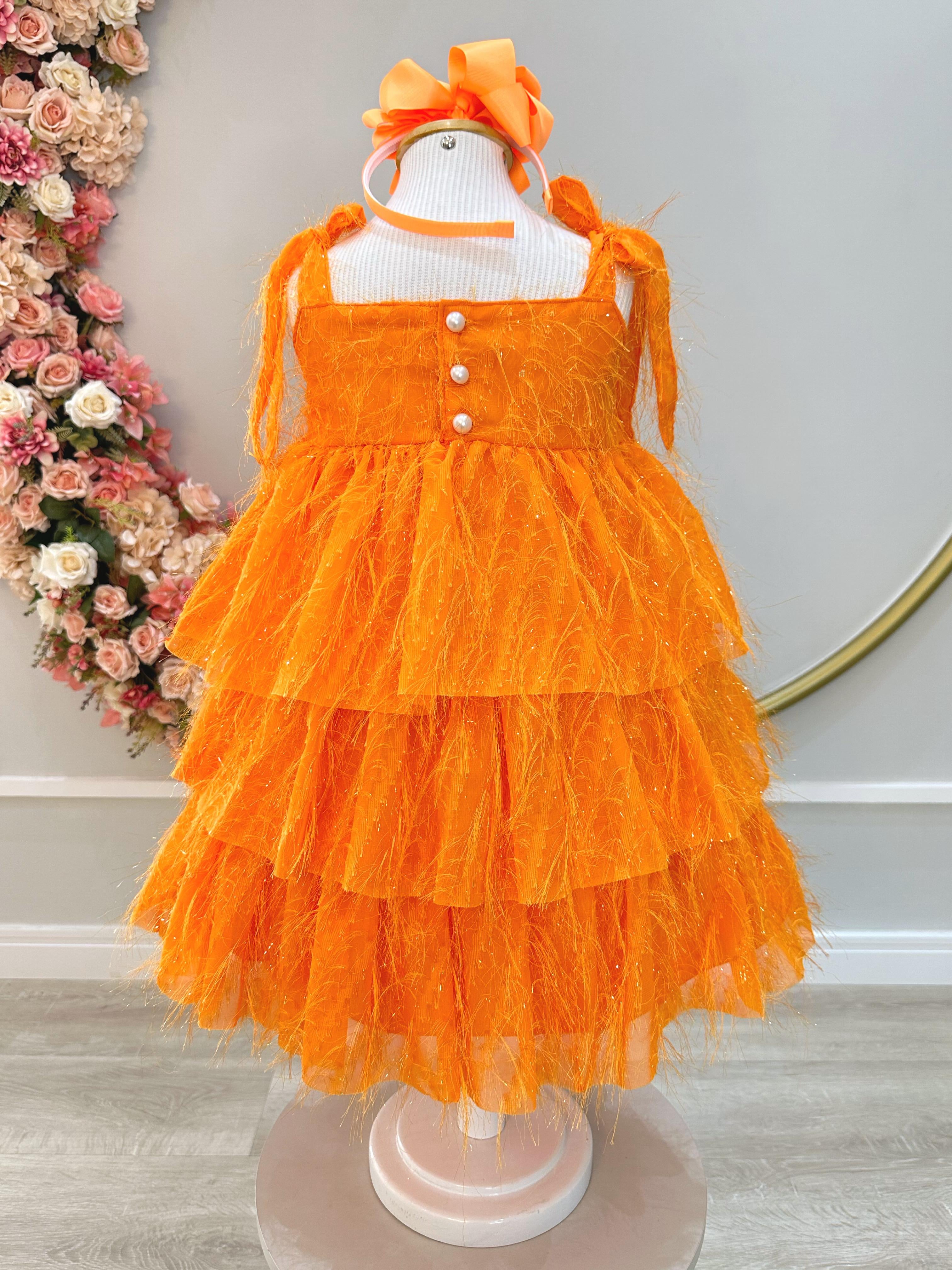 Vestido Infantil Laranja de Alça e Com Plumas Luxo