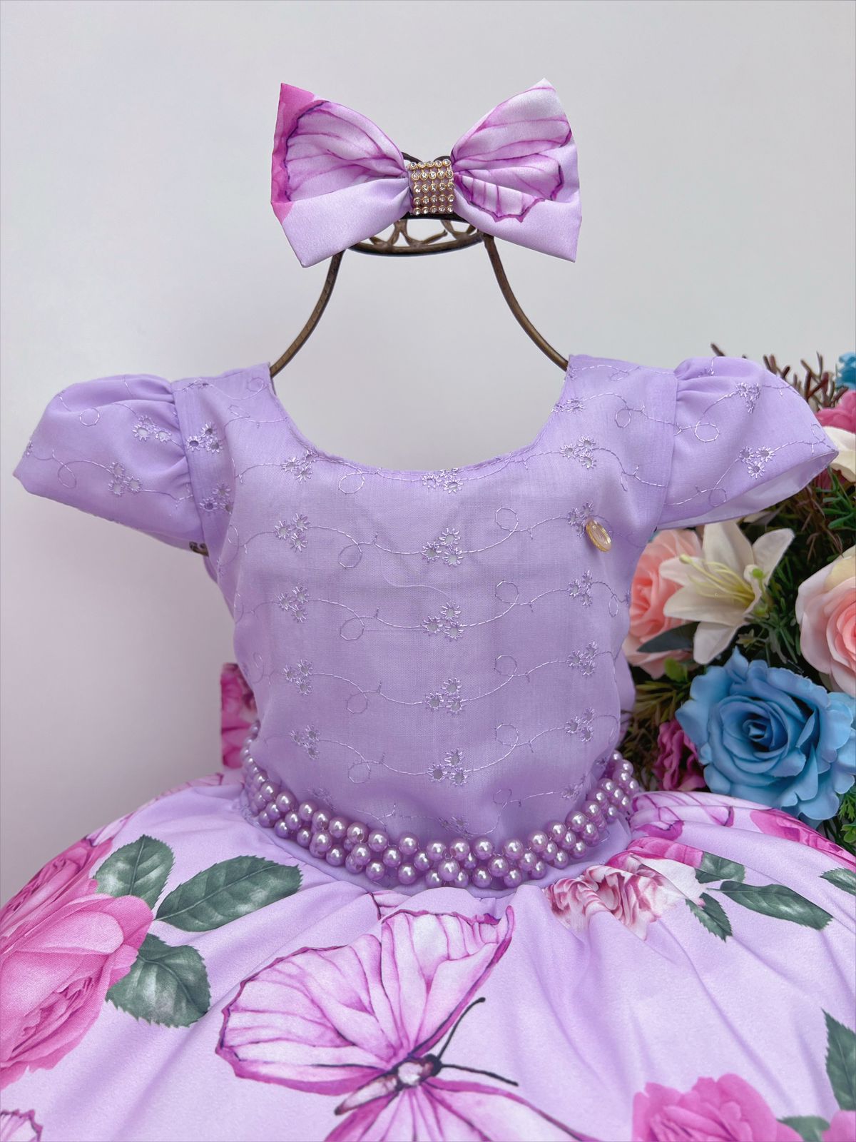 Vestido Infantil Lilás C/ Renda Pérolas e Laço Luxo