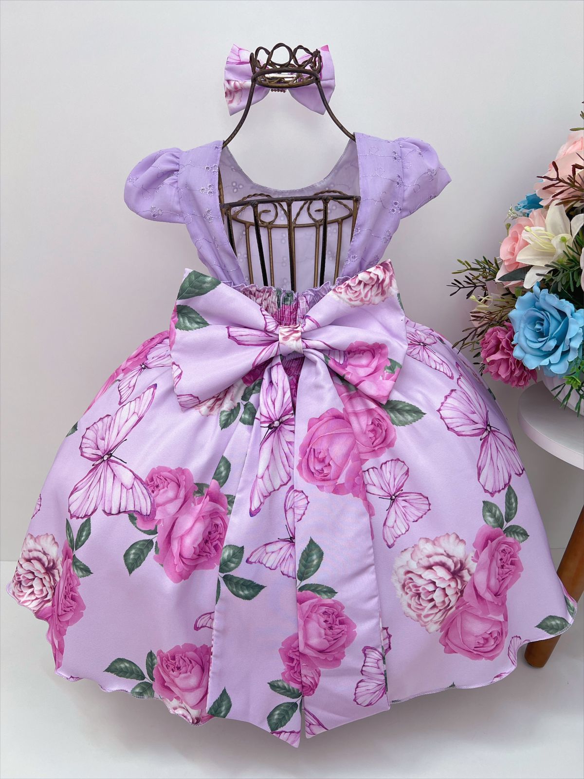 Vestido Infantil Lilás C/ Renda Pérolas e Laço Luxo