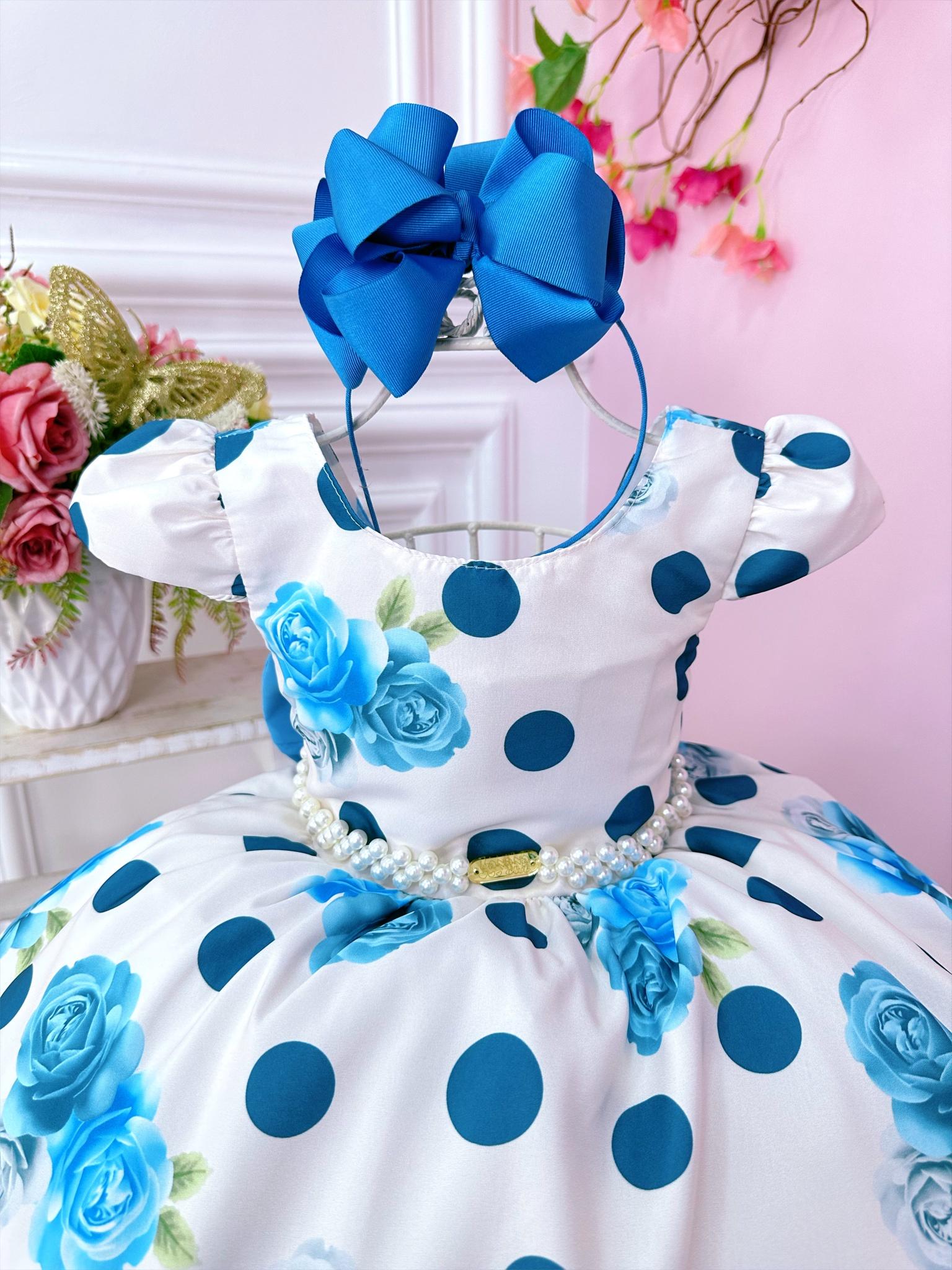 Vestido Infantil Off White e Azul Florido de Rosas Primavera