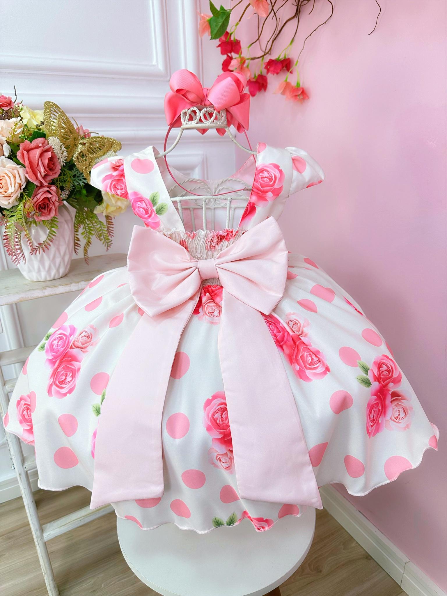 Vestido Infantil Off White e Rosa Florido de Rosas Primavera