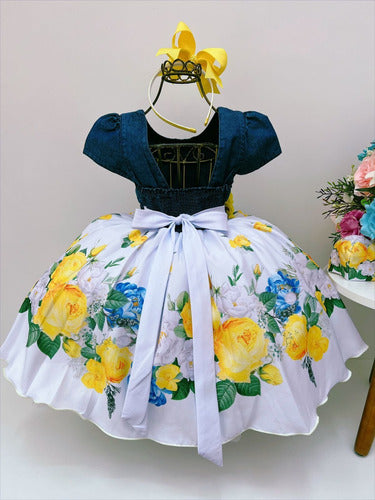 Vestido Infantil Peito Jeans Saia Branca Floral