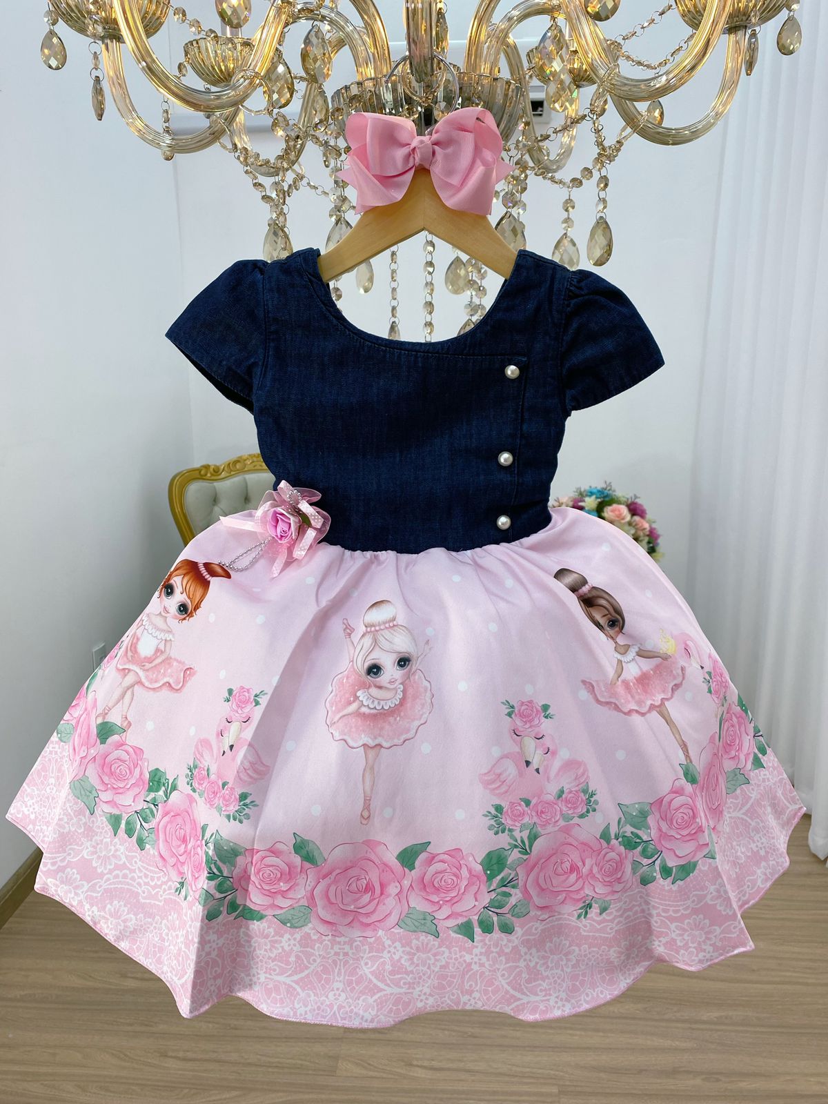 Vestido Infantil Peito Jeans Saia Rosa Floral Bailarina Luxo