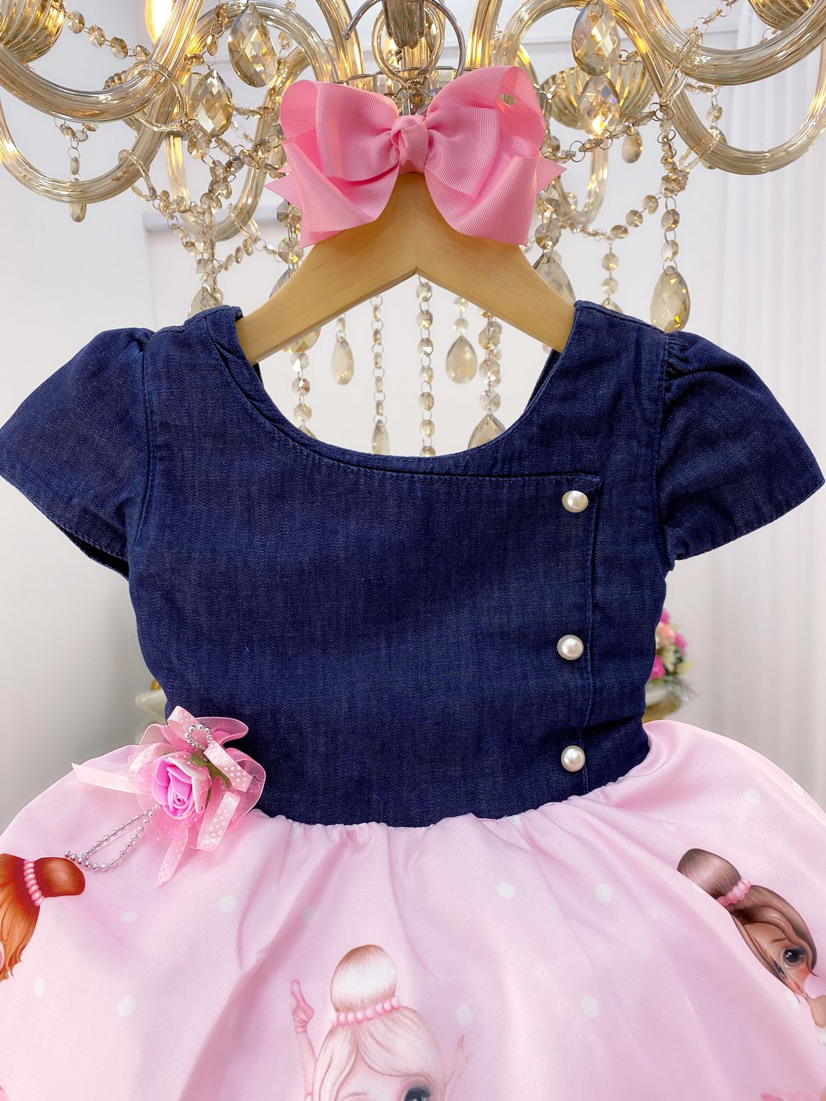 Vestido Infantil Peito Jeans Saia Rosa Floral Bailarina Luxo