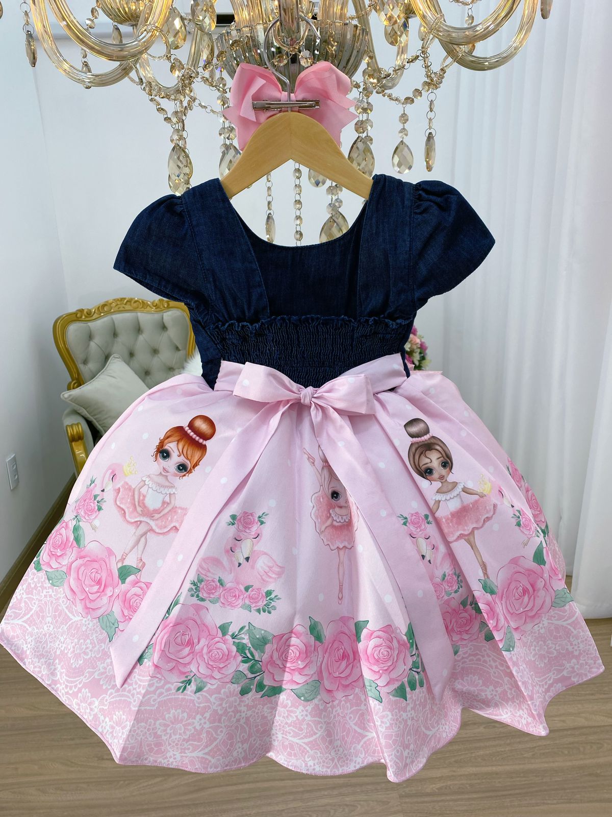 Vestido Infantil Peito Jeans Saia Rosa Floral Bailarina Luxo