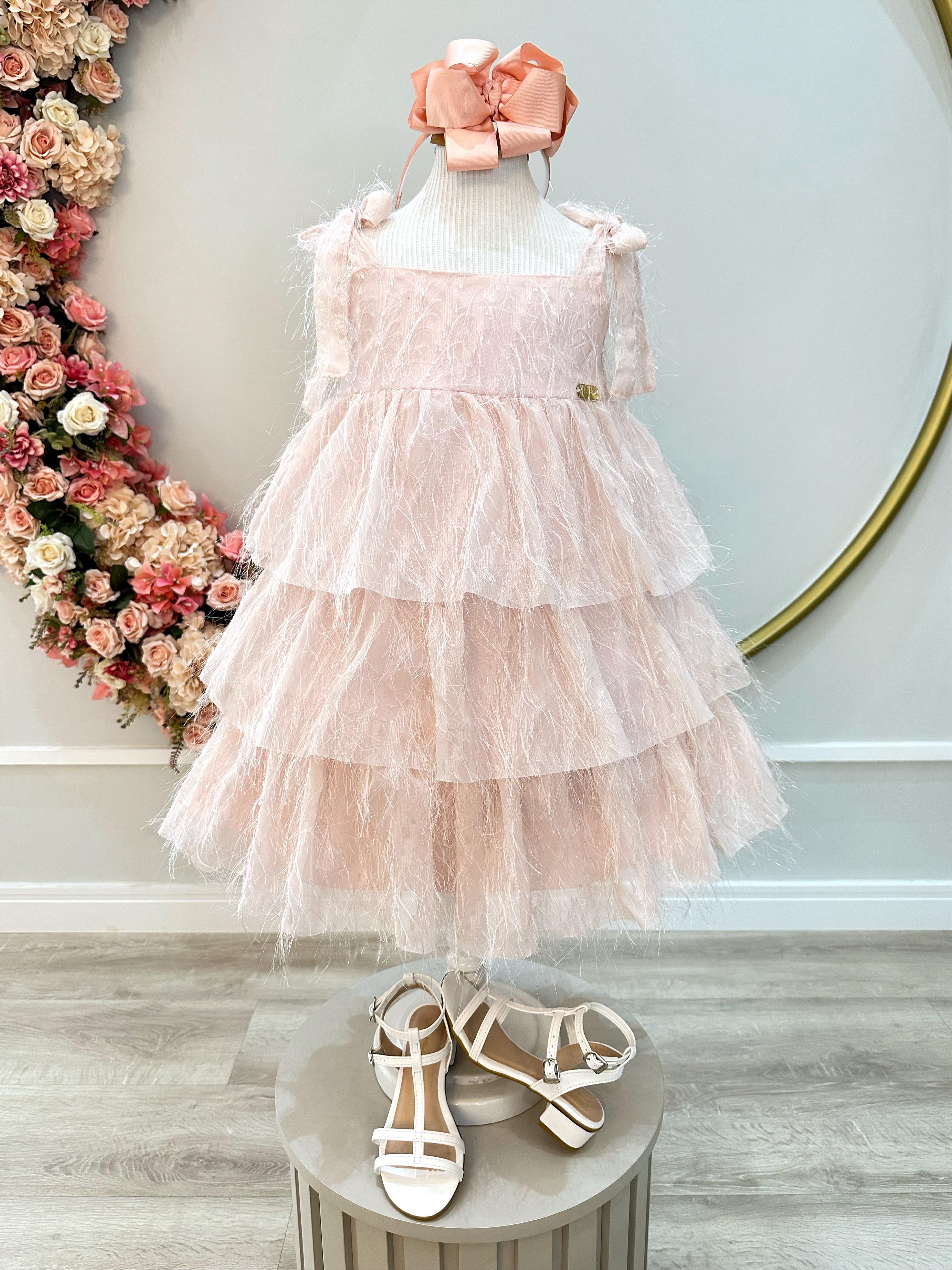 Vestido Infantil Pêssego de Alça e Com Plumas Luxo