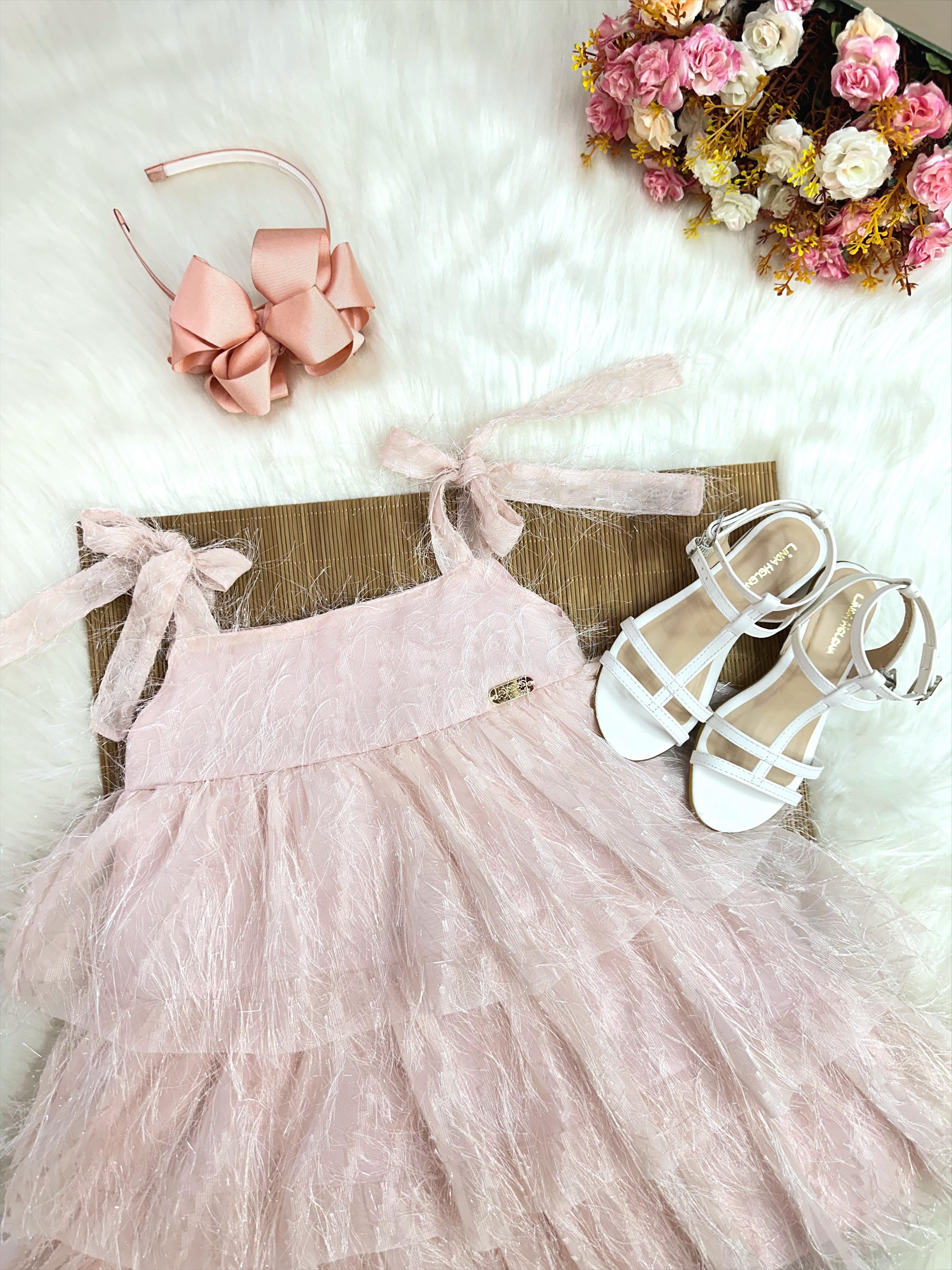 Vestido Infantil Pêssego de Alça e Com Plumas Luxo