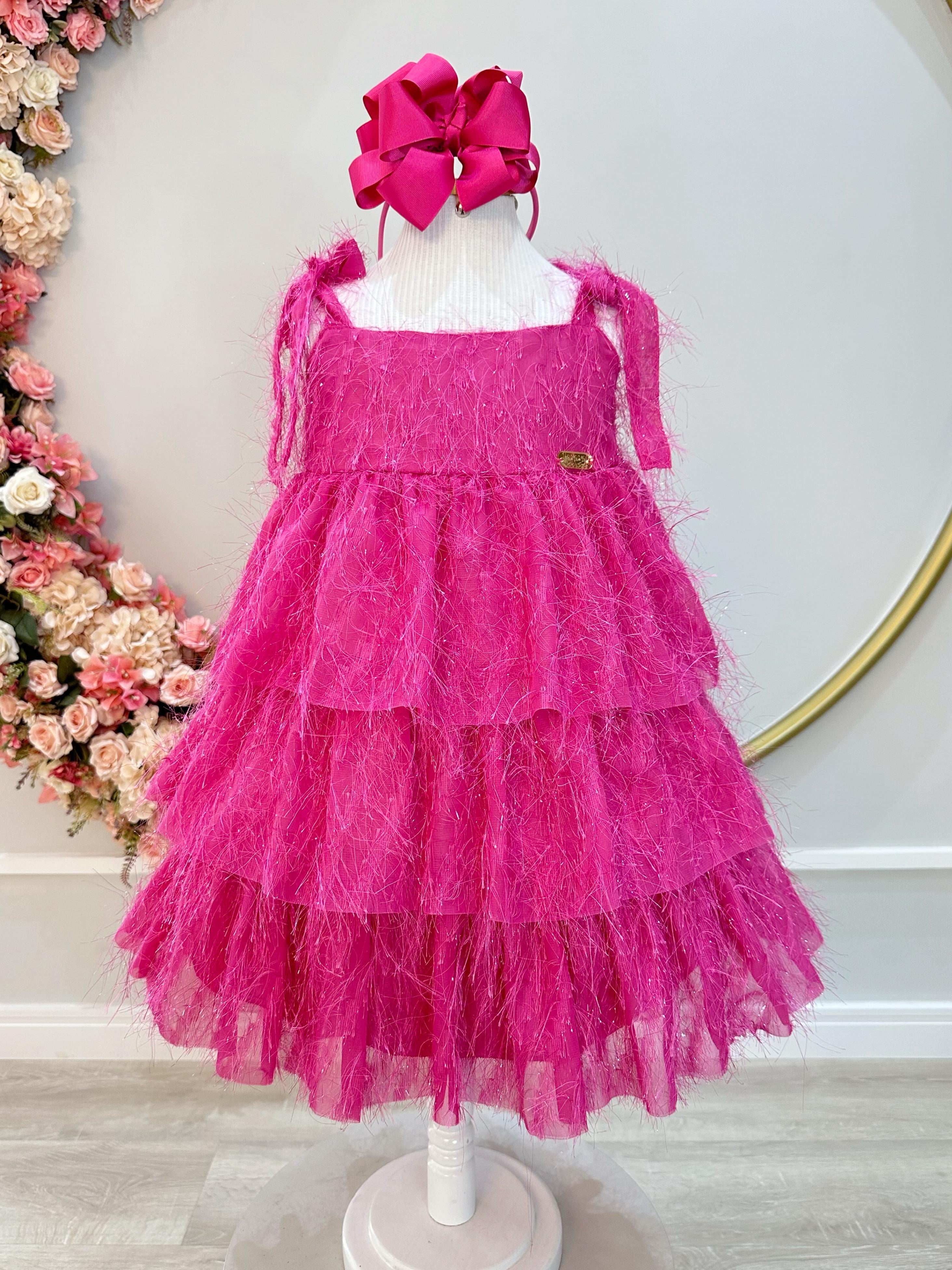 Vestido Infantil Pink de Alça e Com Plumas Luxo