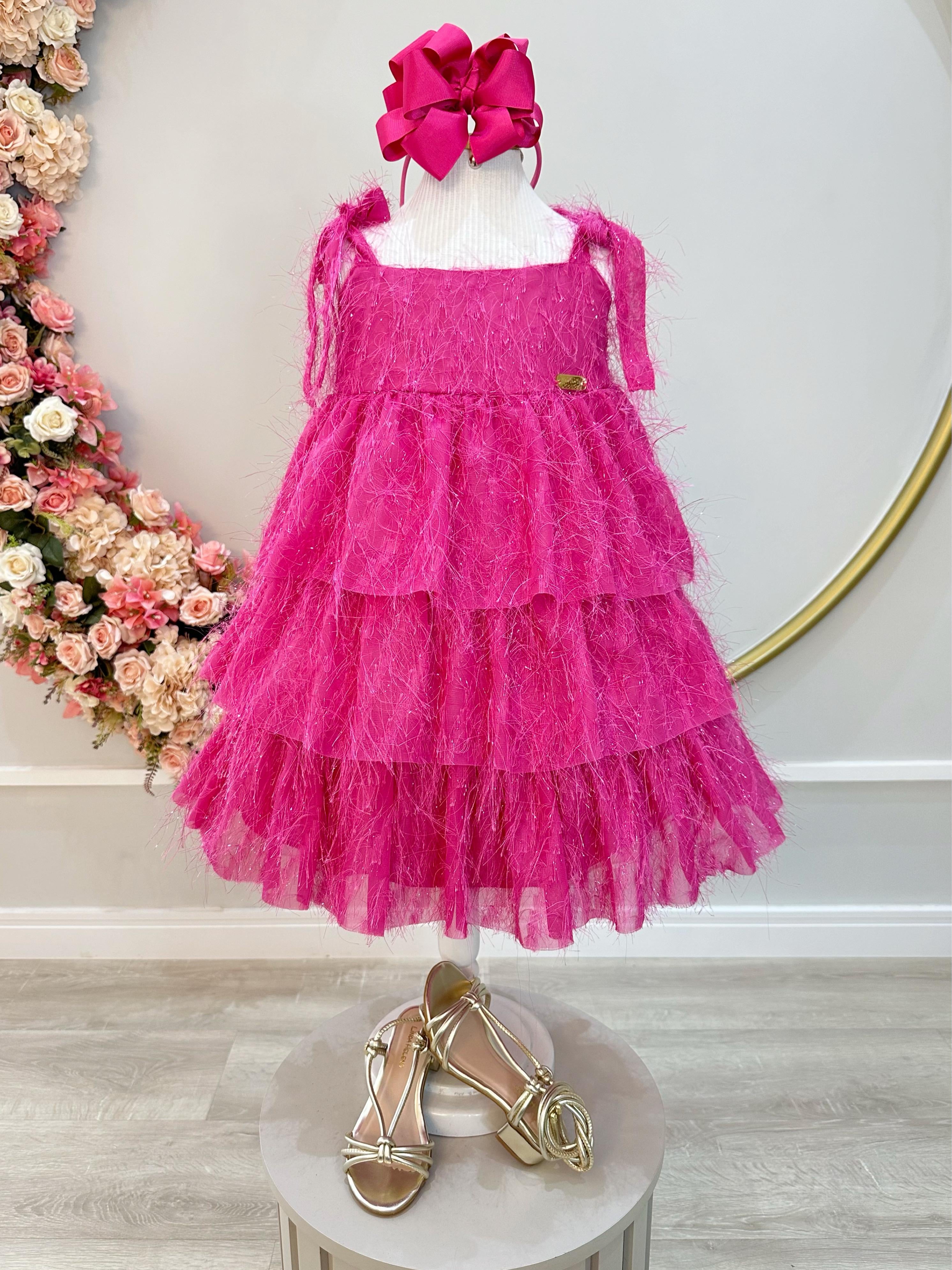 Vestido Infantil Pink de Alça e Com Plumas Luxo
