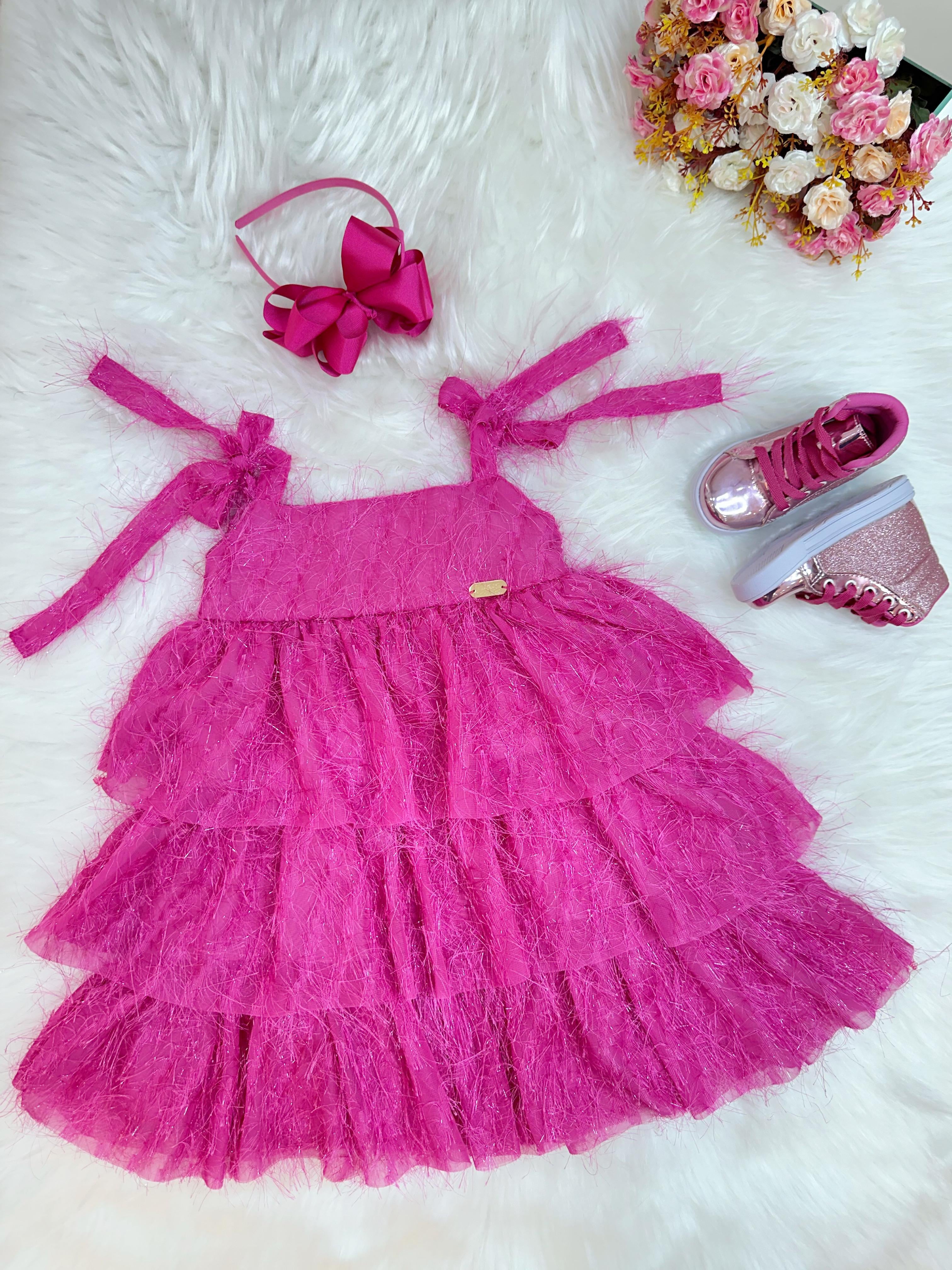 Vestido Infantil Pink de Alça e Com Plumas Luxo