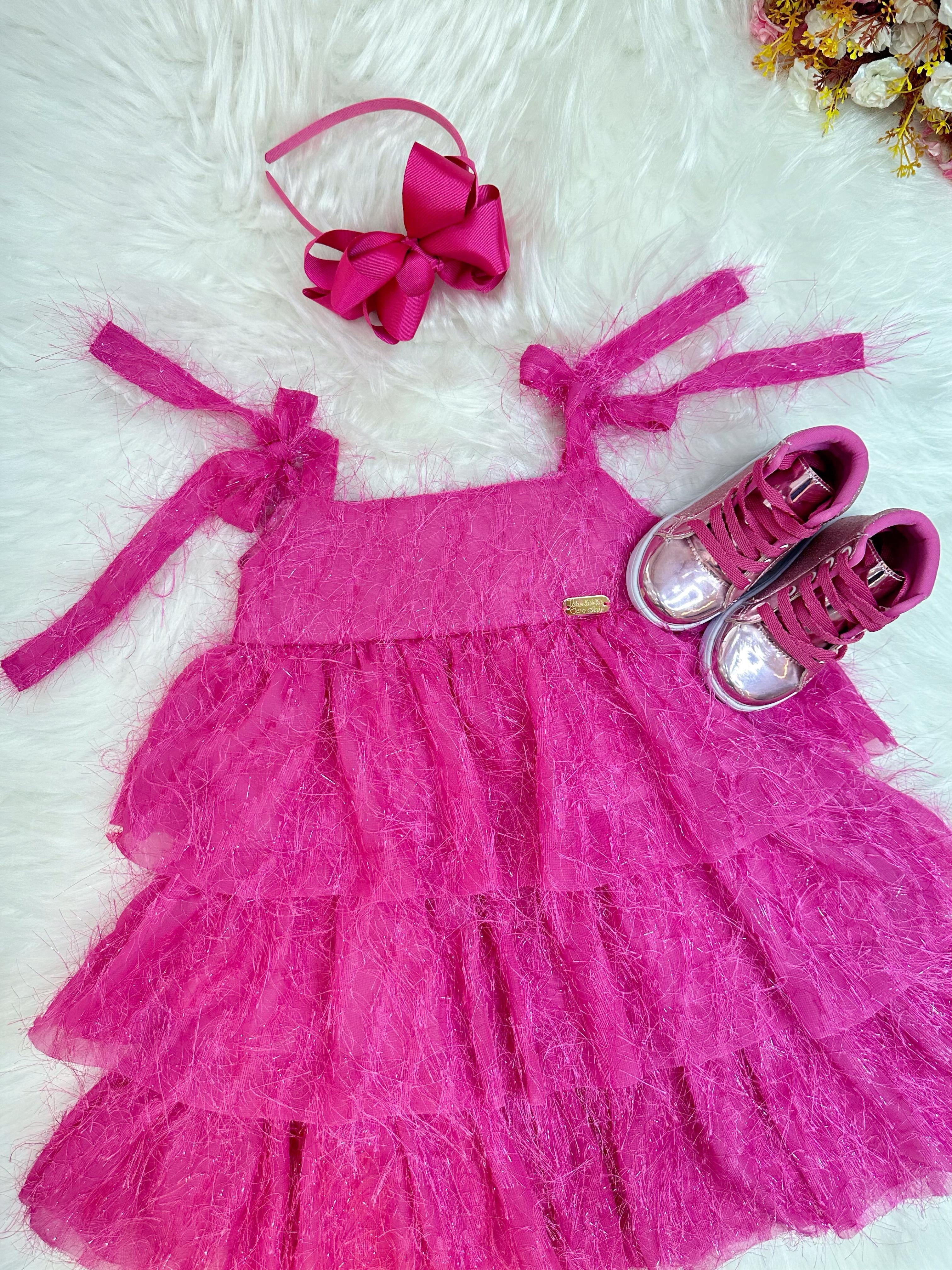 Vestido Infantil Pink de Alça e Com Plumas Luxo