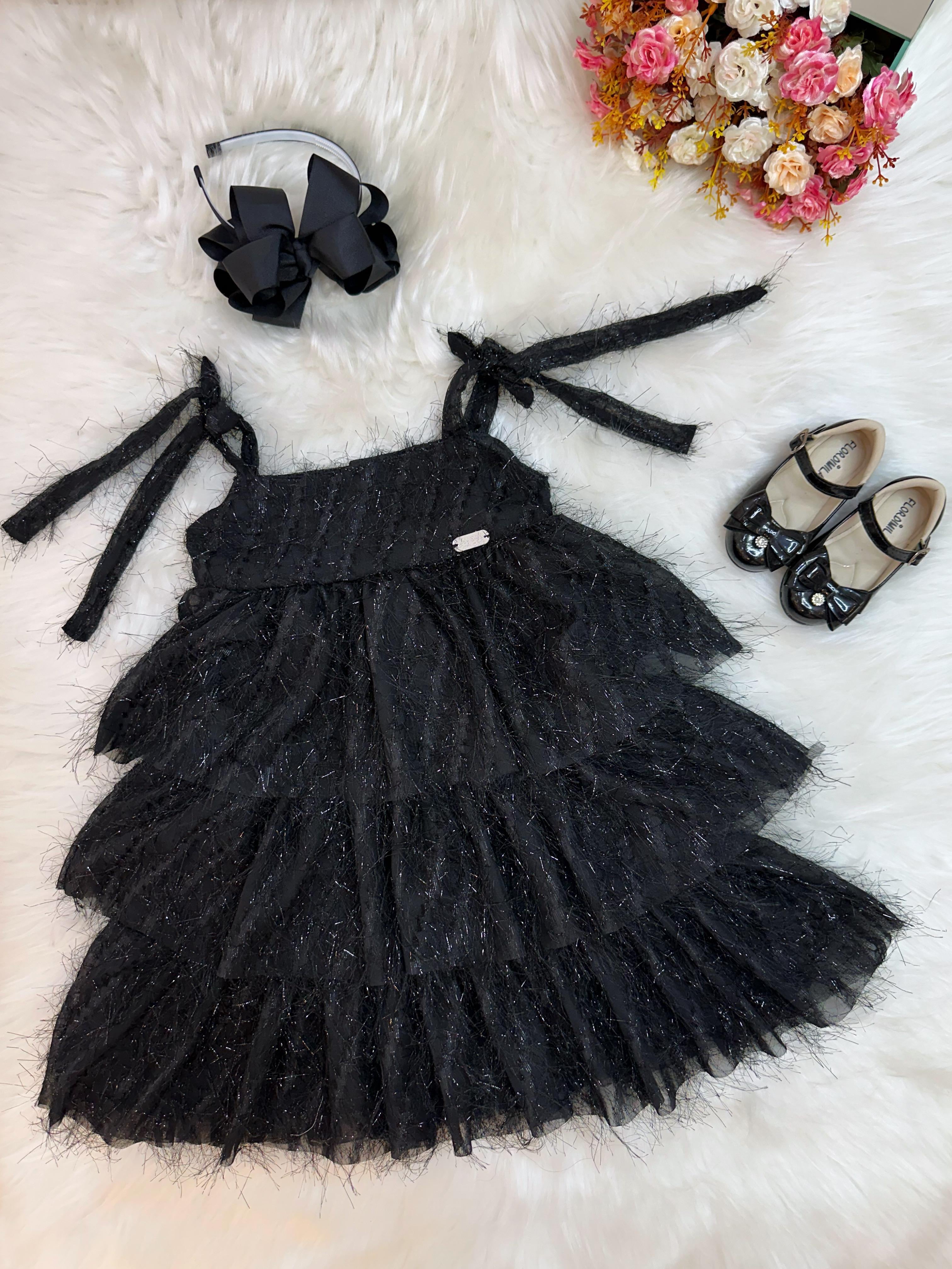 Vestido Infantil Preto de Alça e Com Plumas Luxo