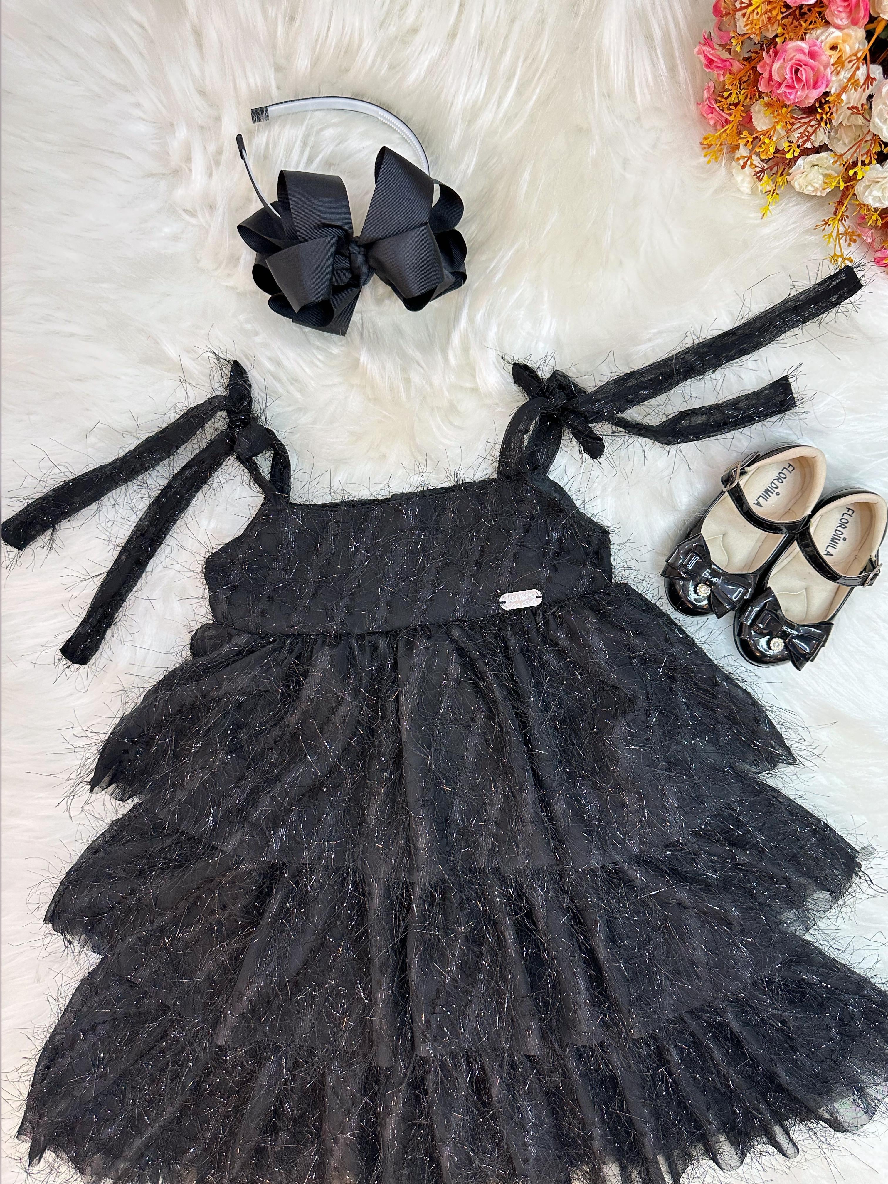 Vestido Infantil Preto de Alça e Com Plumas Luxo