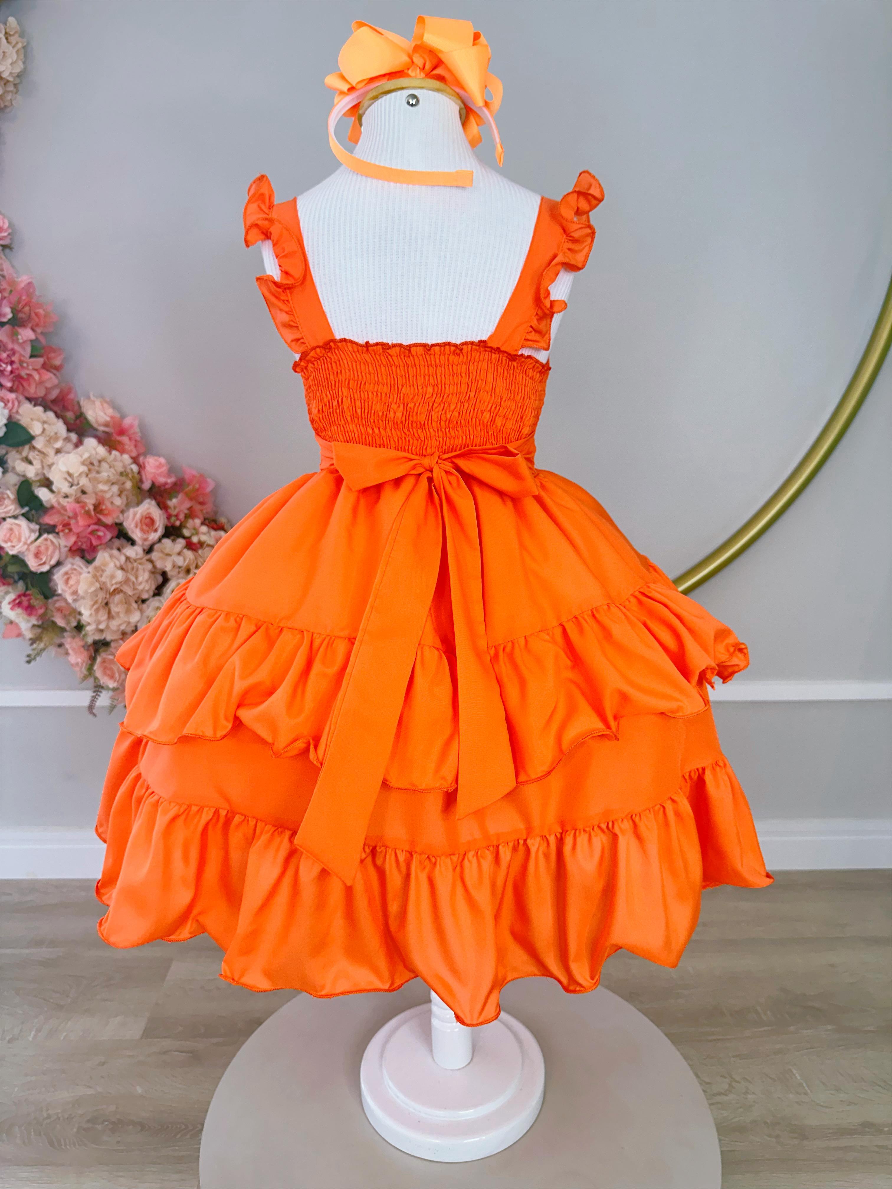 Vestido Infantil Primavera Verão Laranja Neon Saia C/ Babado