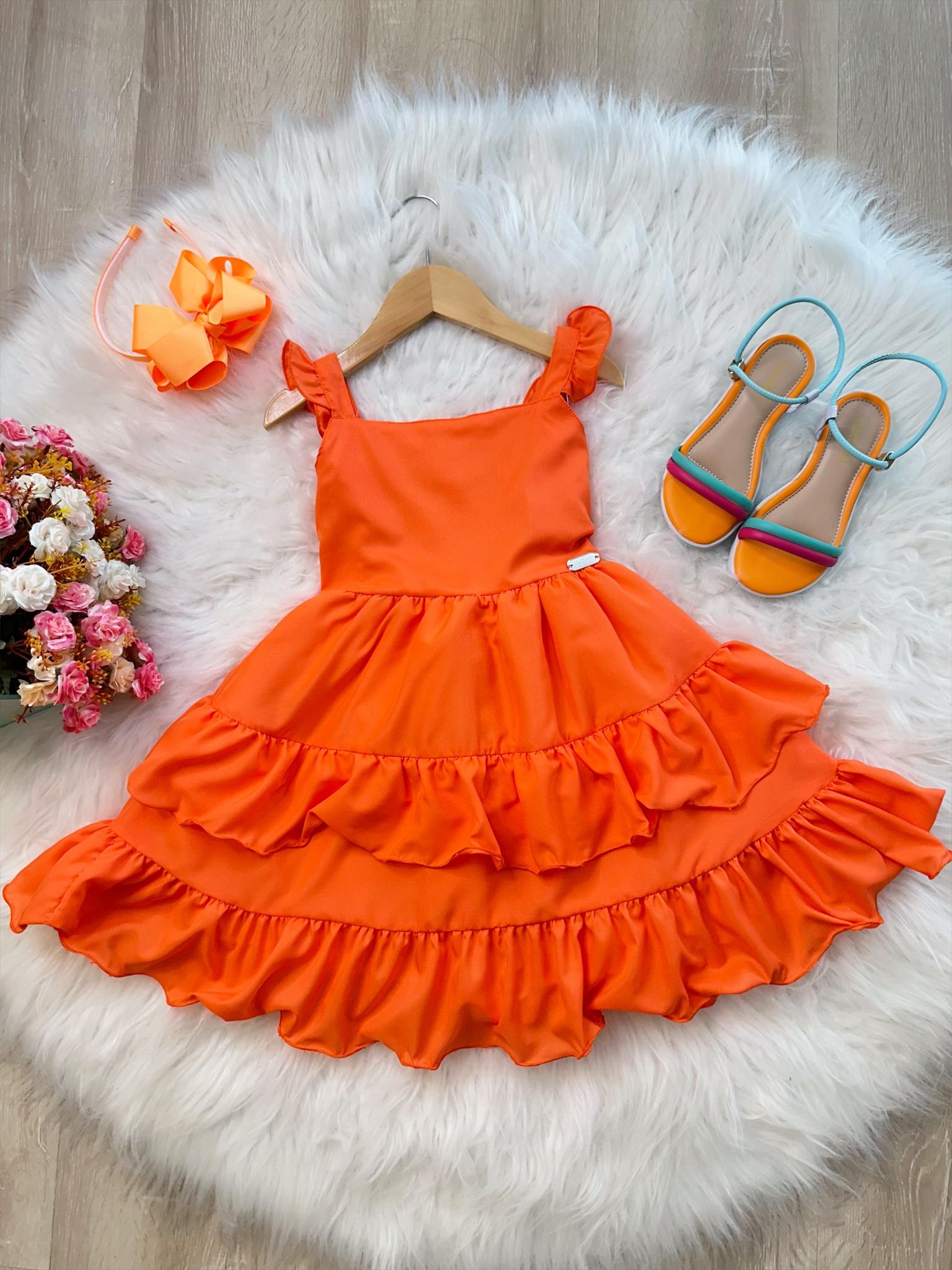 Vestido Infantil Primavera Verão Laranja Neon Saia C/ Babado