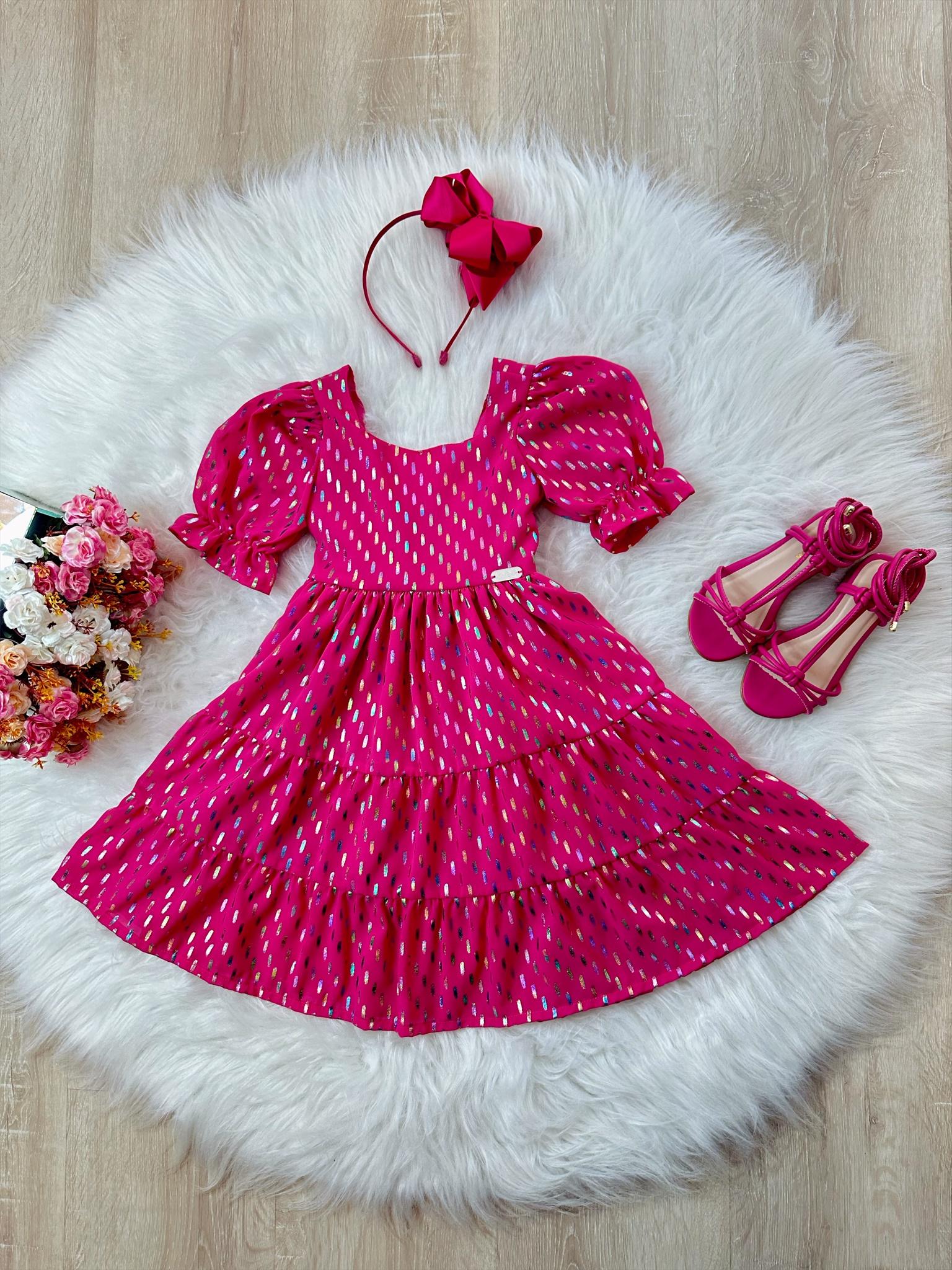 Vestido Infantil Primavera Verão Pink C/ Riscos Coloridos