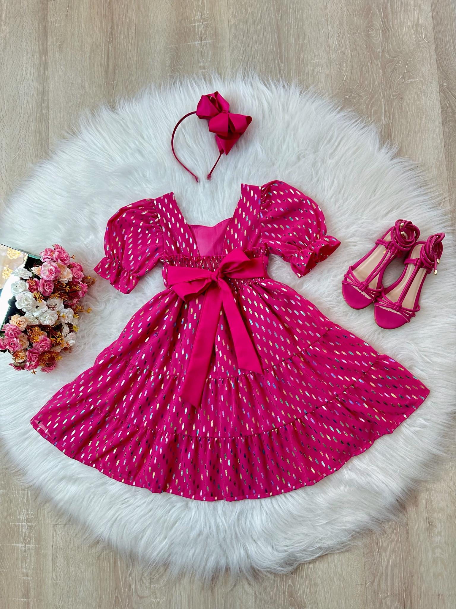 Vestido Infantil Primavera Verão Pink C/ Riscos Coloridos