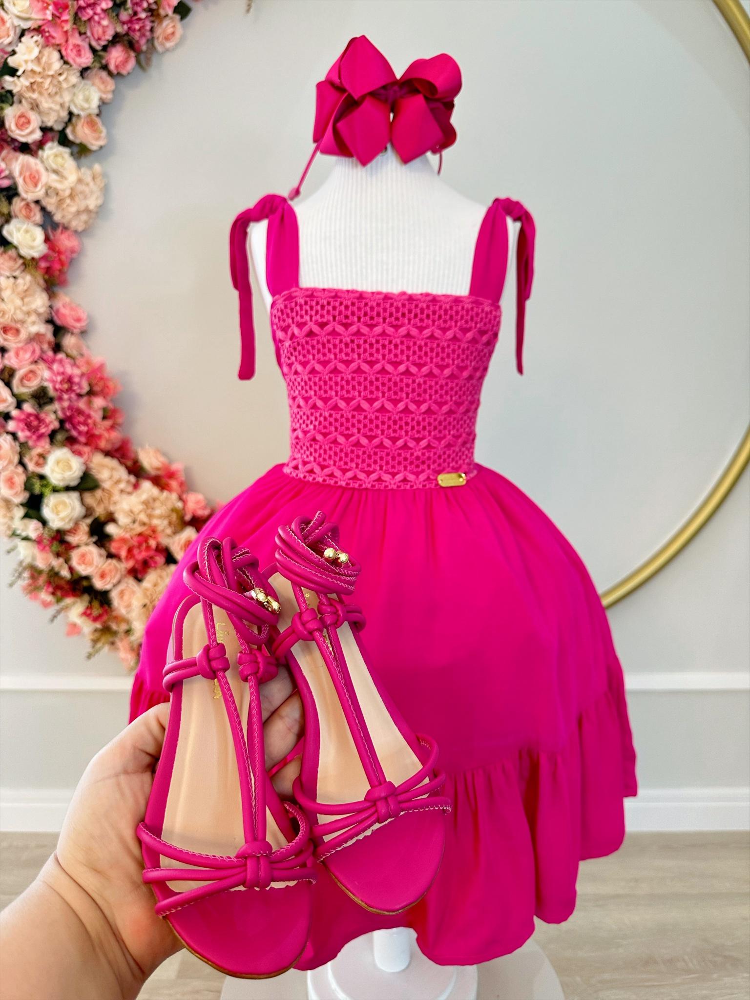 Vestido Infantil Primavera Verão Pink de Alça e Busto Bordado