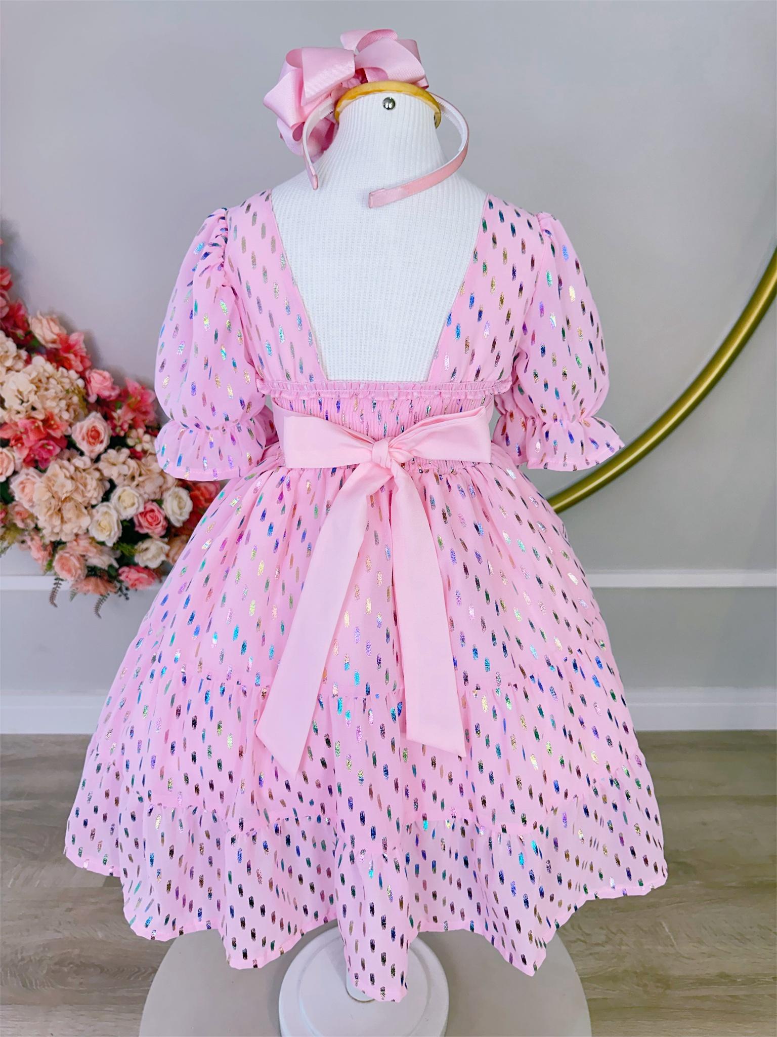 Vestido Infantil Primavera Verão Rosa Bebê Riscos Coloridos