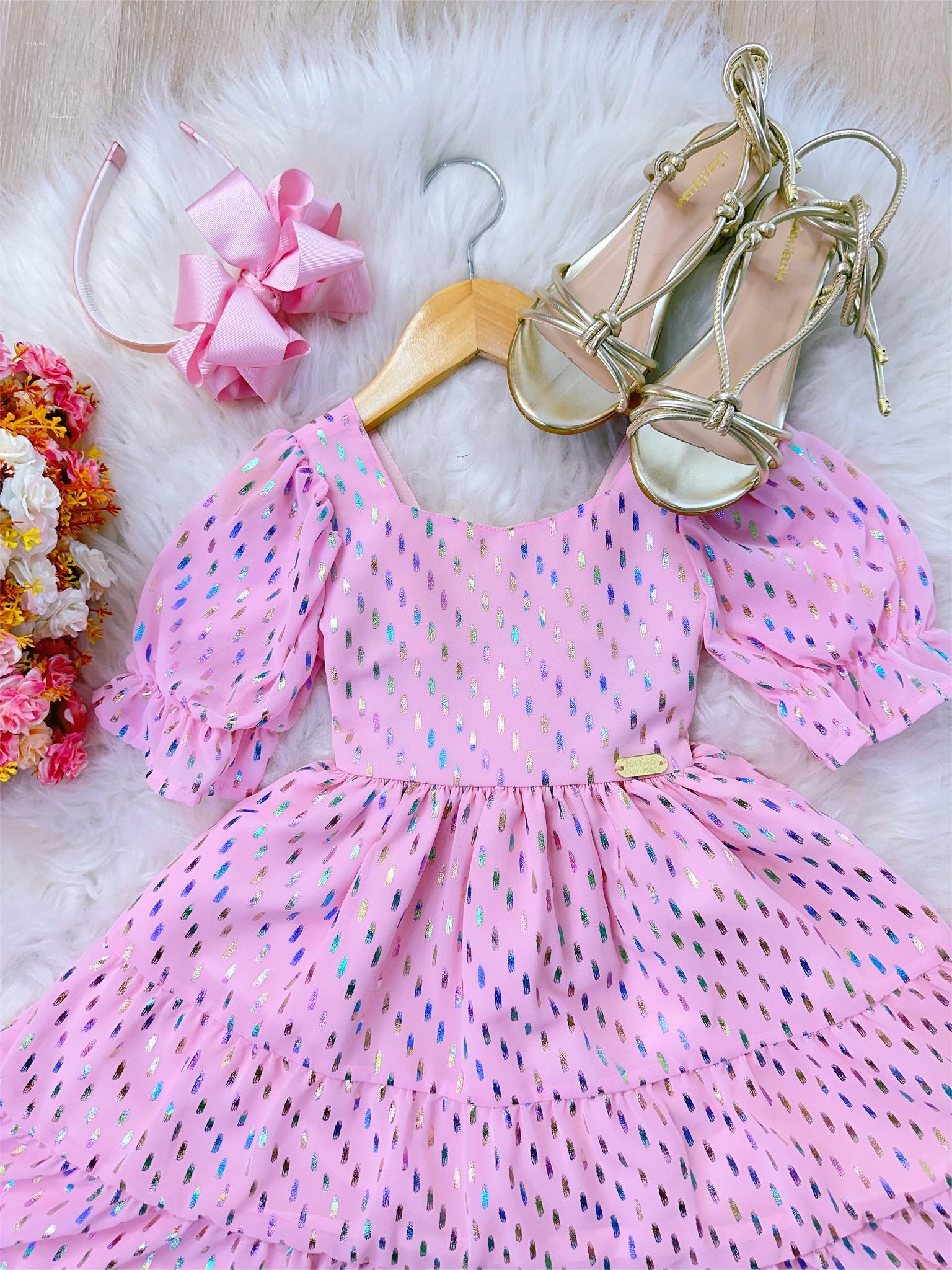 Vestido Infantil Primavera Verão Rosa Bebê Riscos Coloridos
