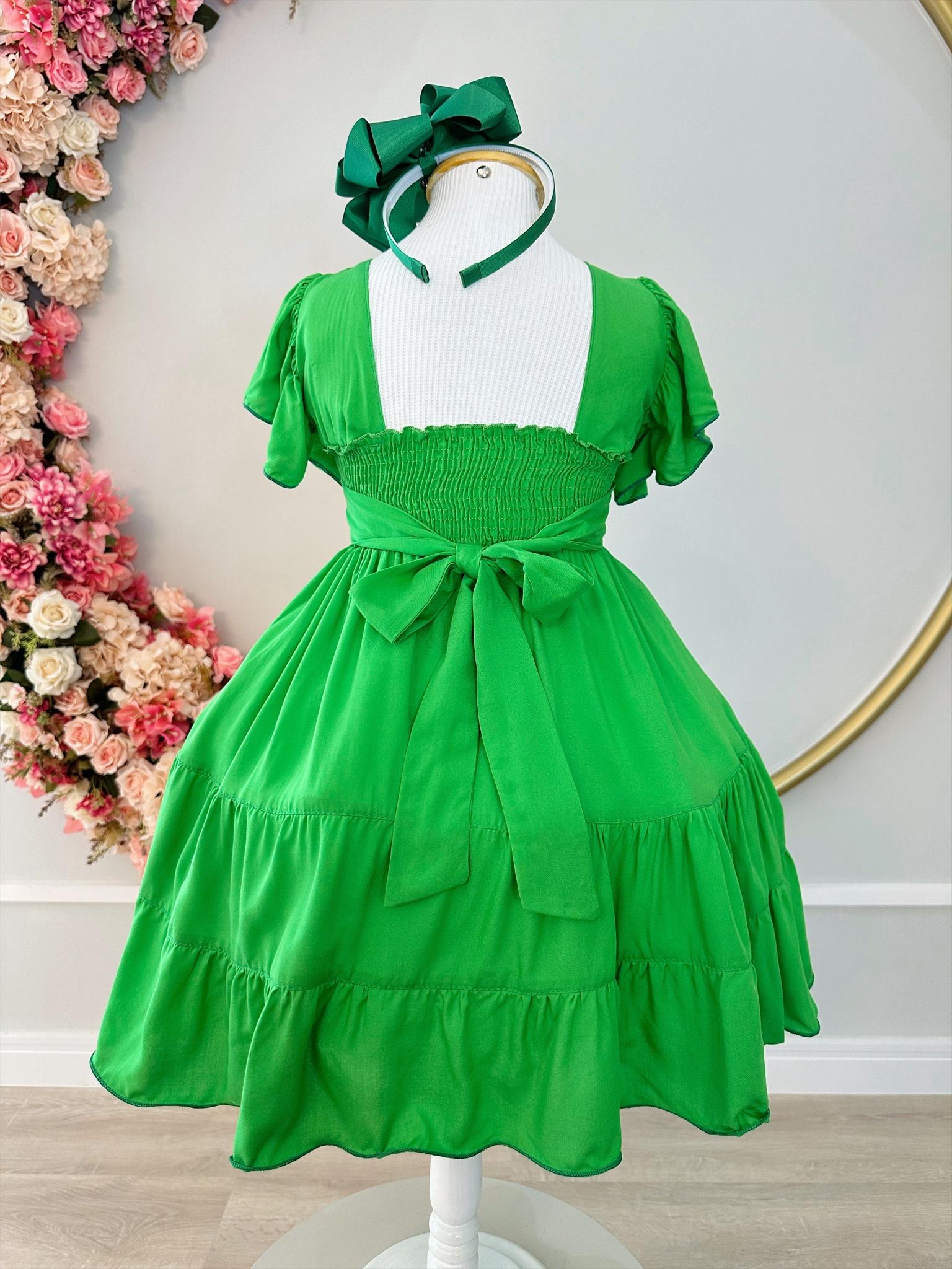 Vestido Infantil Primavera Verão Verde Bandeira C/ Bordado