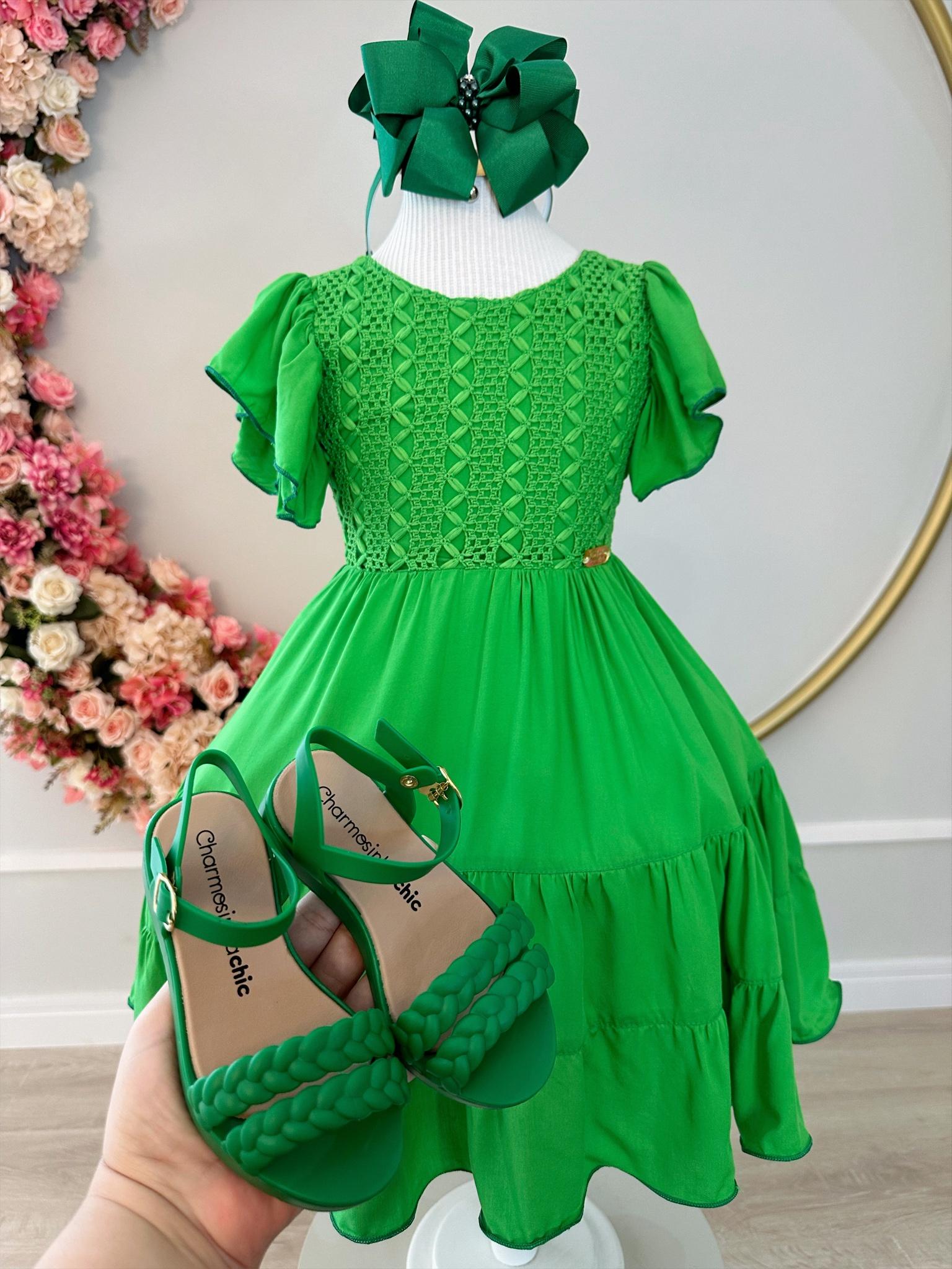 Vestido Infantil Primavera Verão Verde Bandeira C/ Bordado