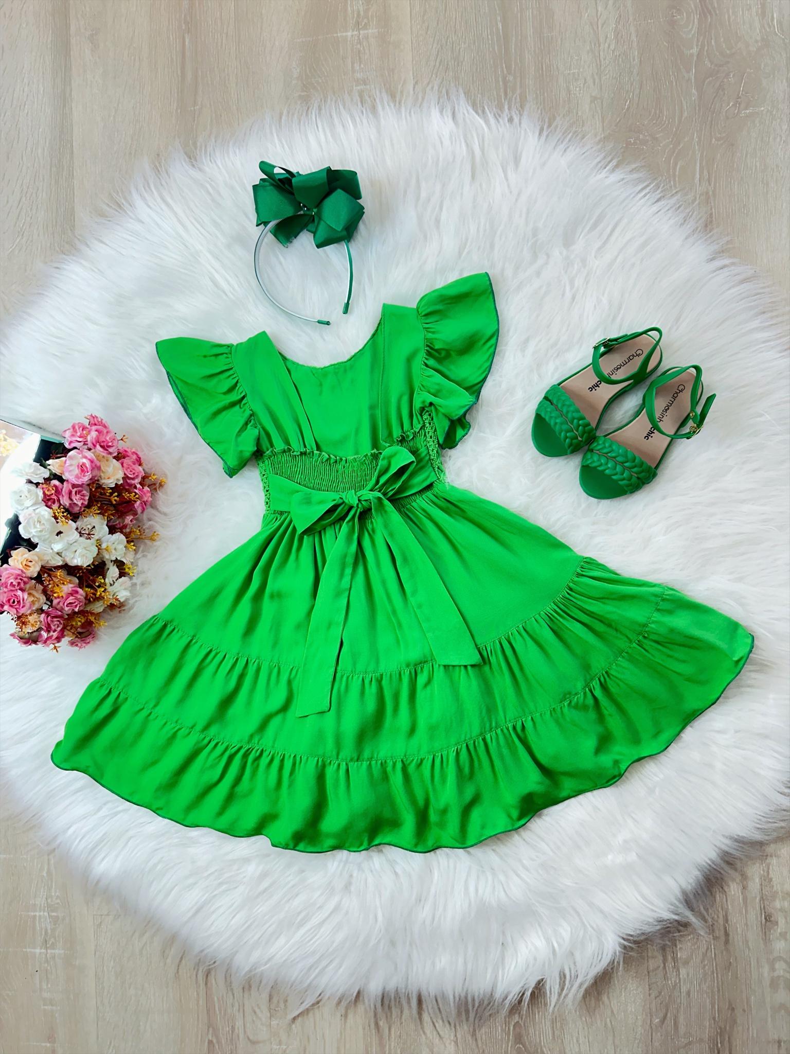Vestido Infantil Primavera Verão Verde Bandeira C/ Bordado