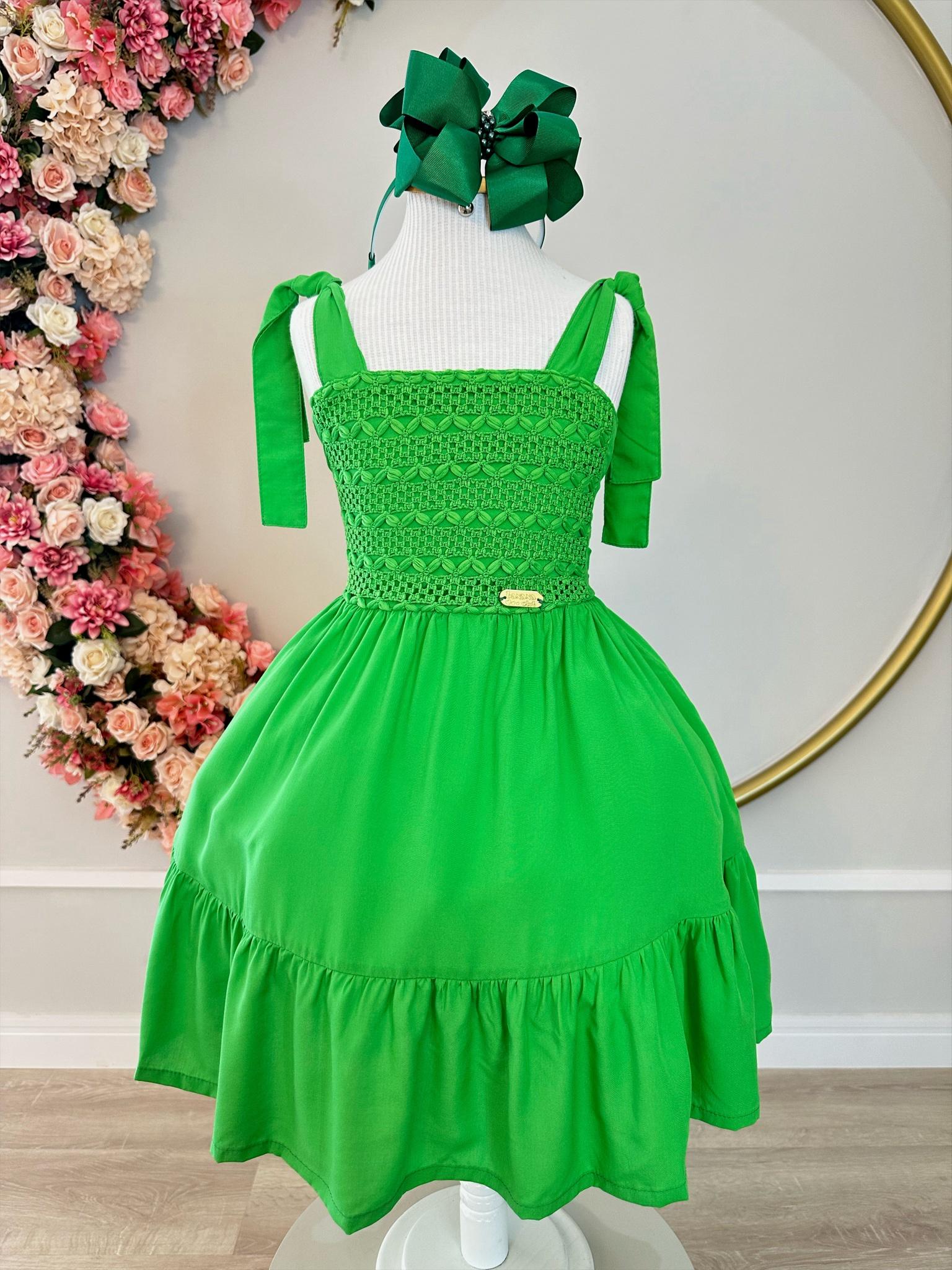 Vestido Infantil Primavera Verão Verde Bandeira de Alça e Bordado