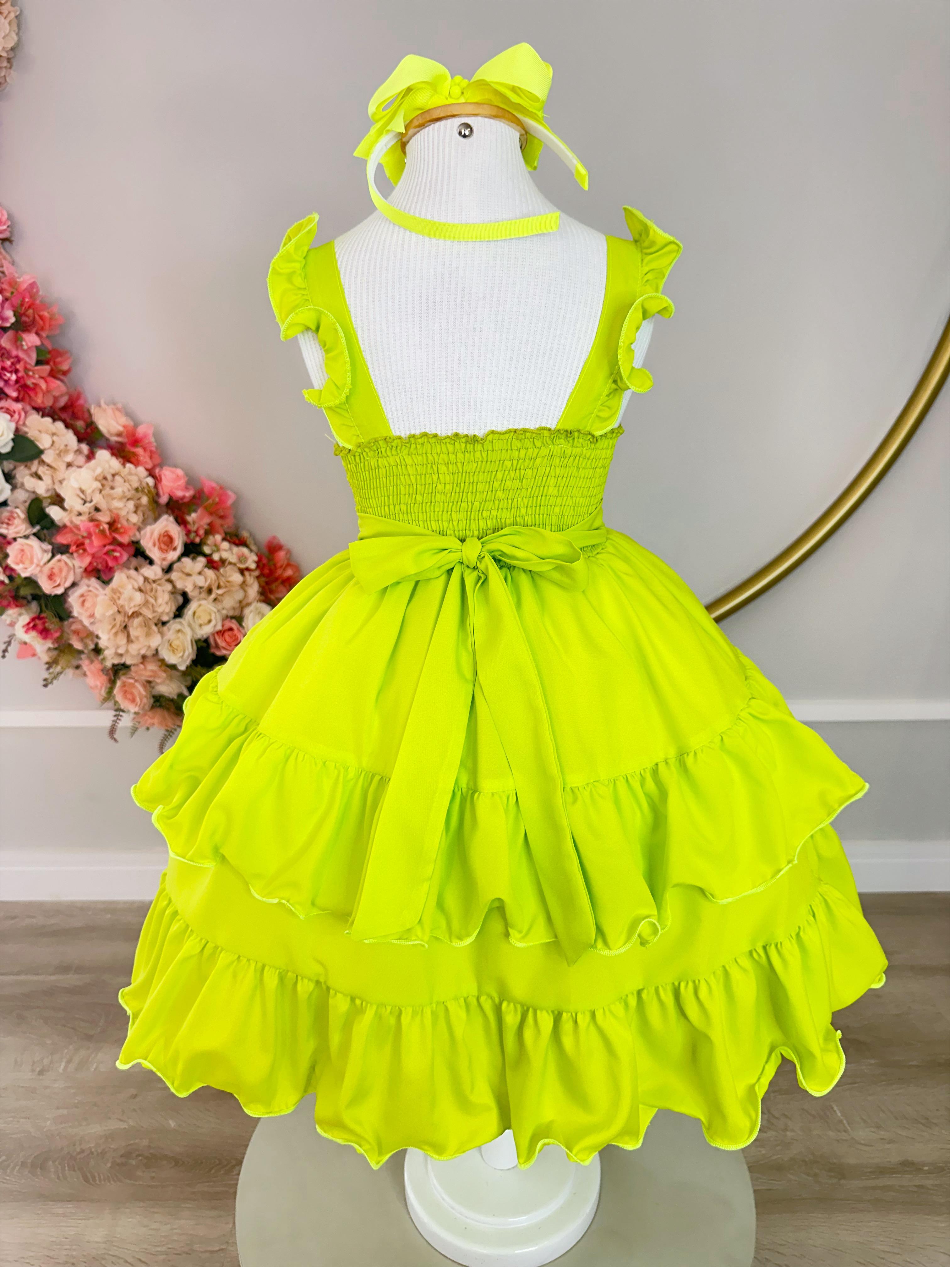 Vestido Infantil Primavera Verão Verde Neon Saia C/ Babado