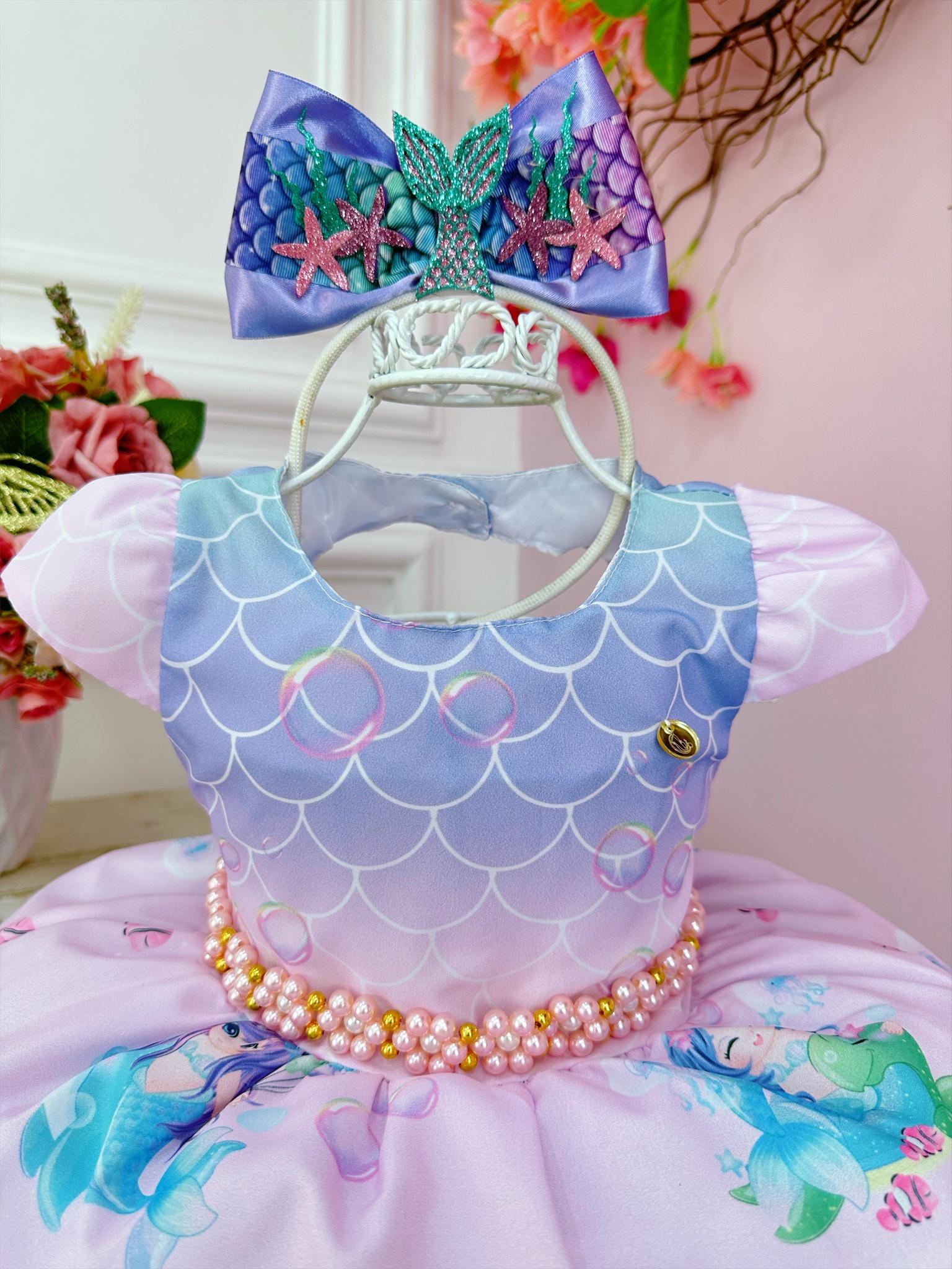 Vestido Infantil Rosa e Lilás Sereia Escamas Cinto Pérolas