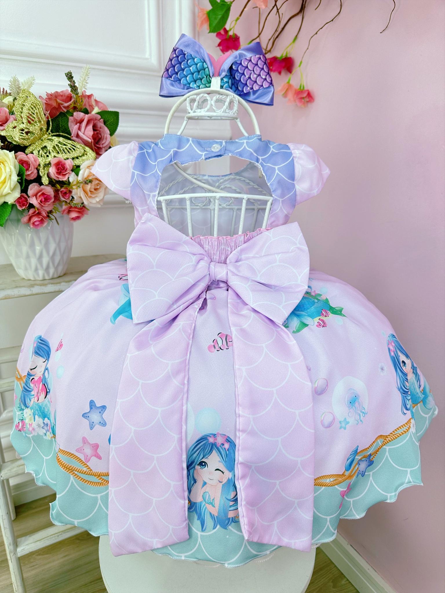 Vestido Infantil Rosa e Lilás Sereia Escamas Cinto Pérolas