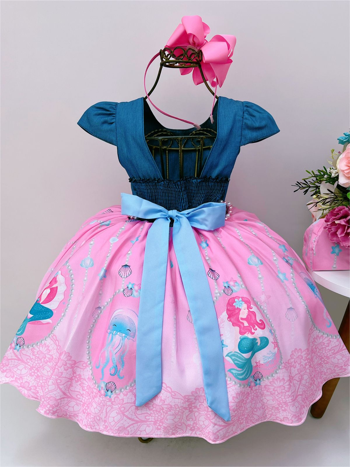 Vestido Infantil Rosa Sereia Peito Jeans Com Cinto Pérolas