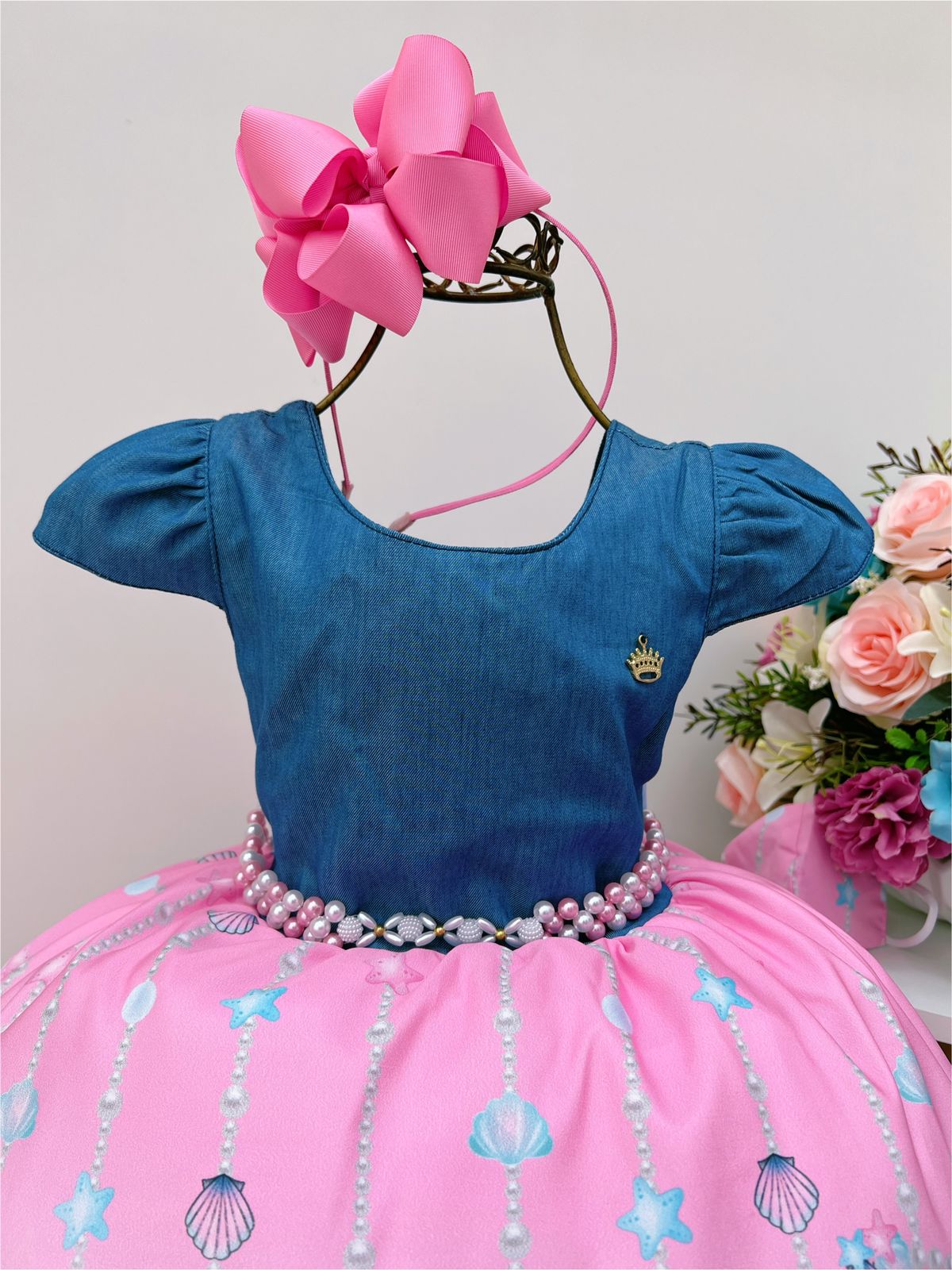 Vestido Infantil Rosa Sereia Peito Jeans Com Cinto Pérolas