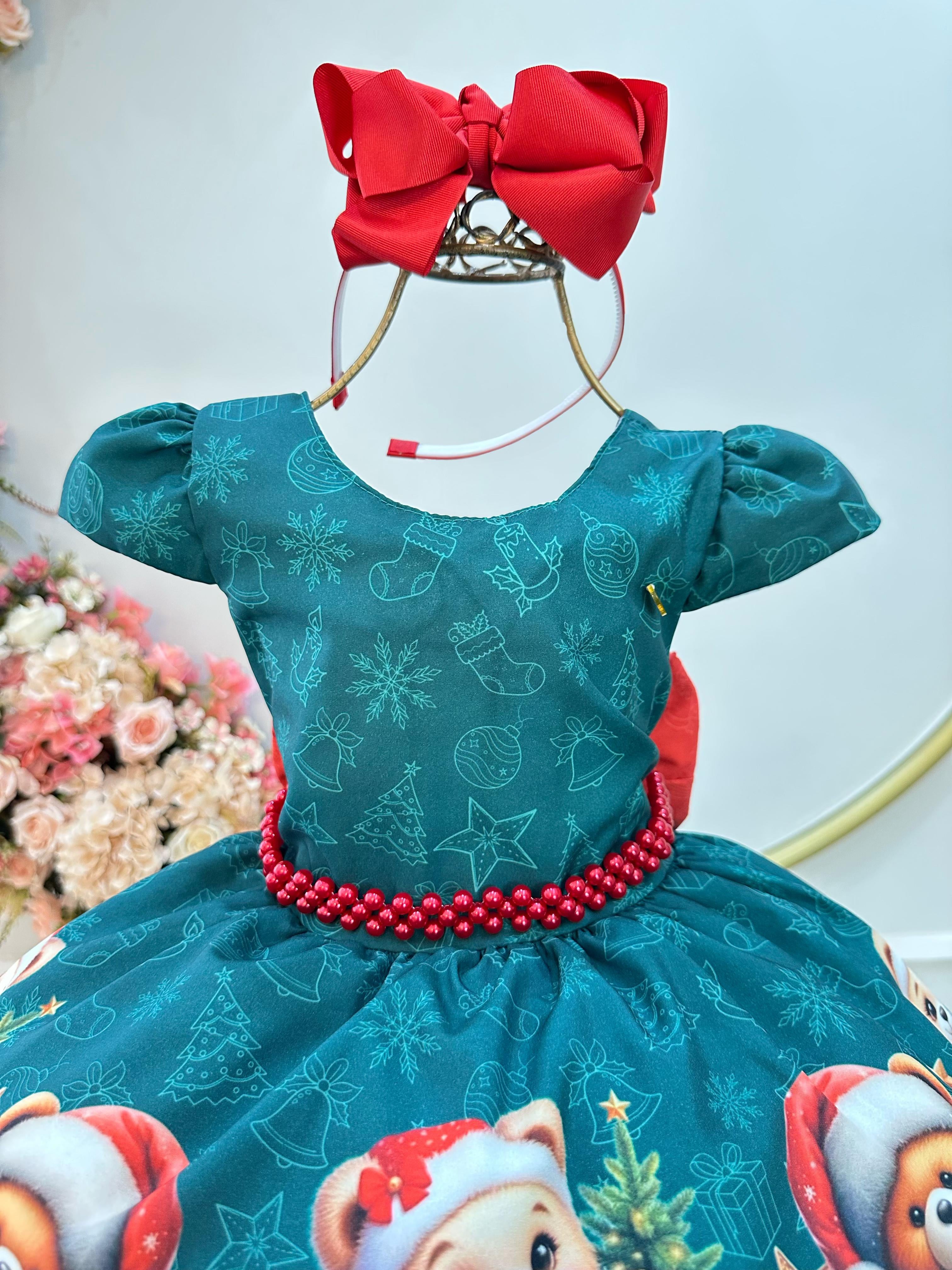 Vestido Infantil Verde Bandeira Ursinhos Festas Natal