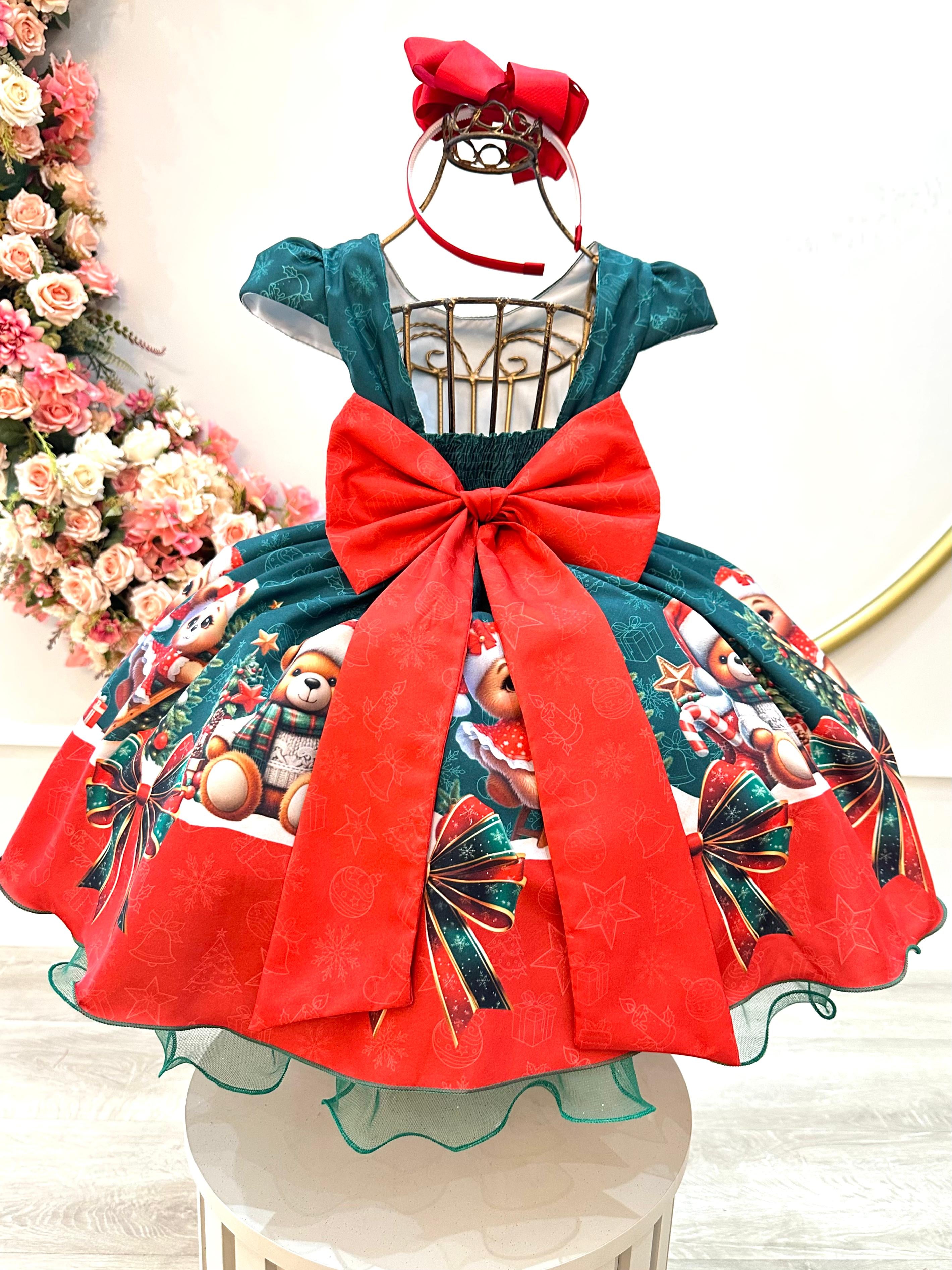 Vestido Infantil Verde Bandeira Ursinhos Festas Natal
