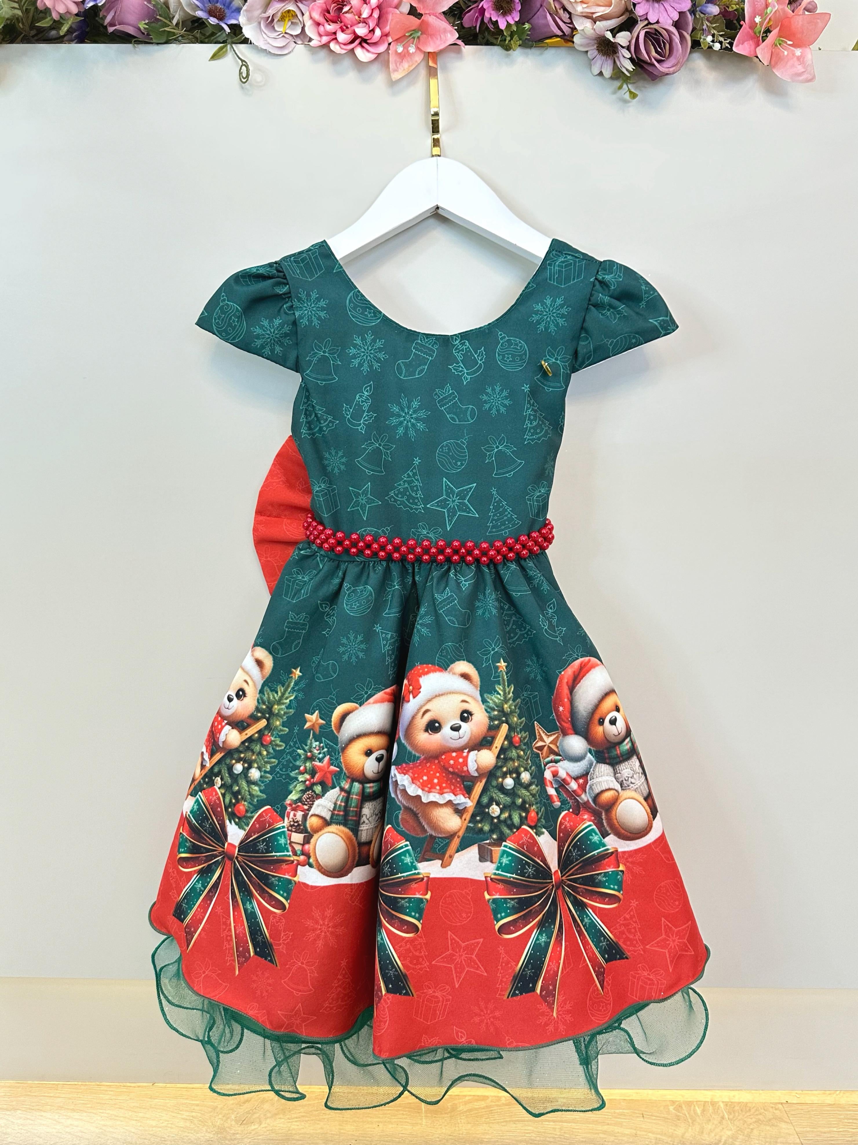 Vestido Infantil Verde Bandeira Ursinhos Festas Natal