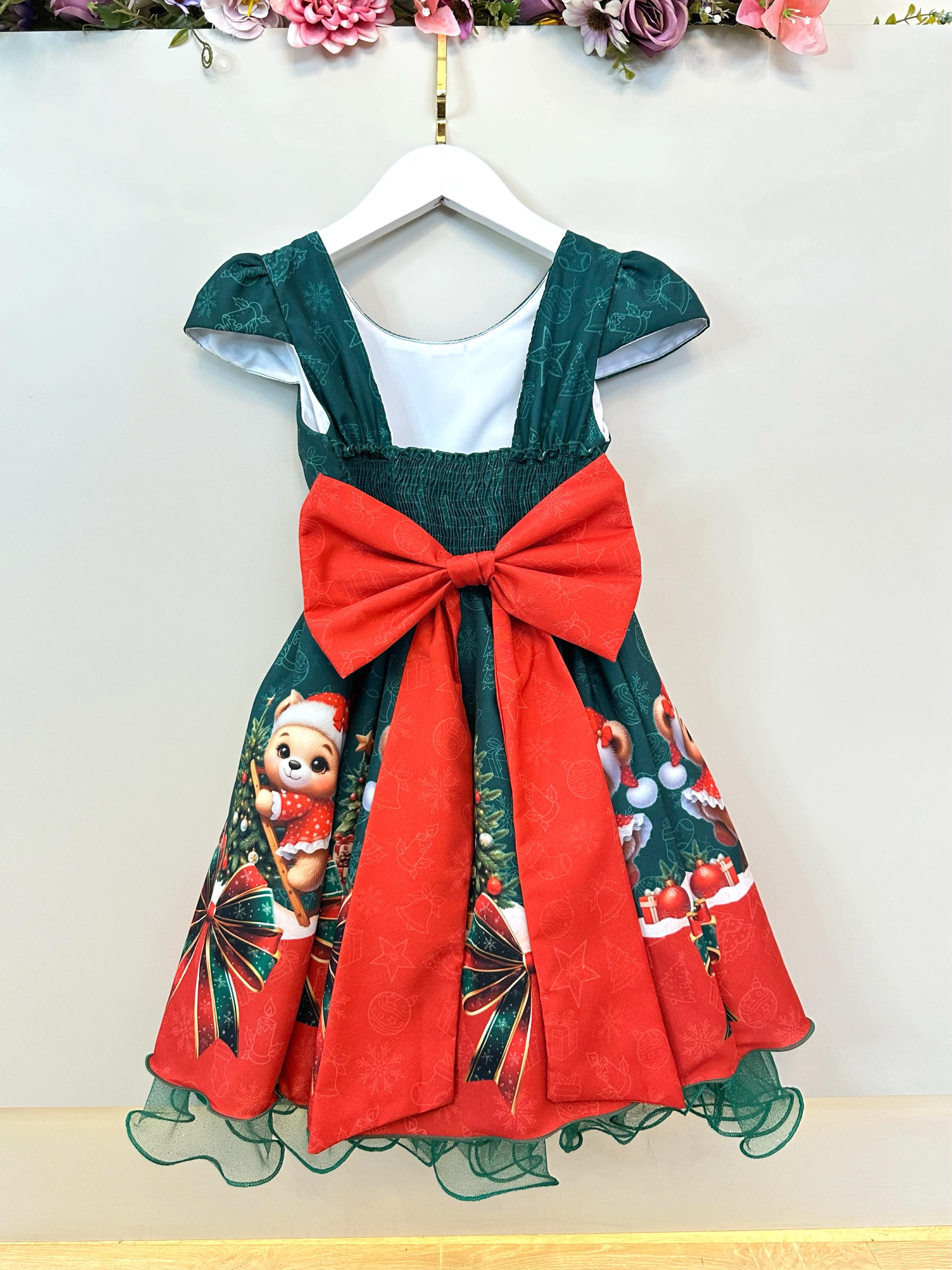 Vestido Infantil Verde Bandeira Ursinhos Festas Natal