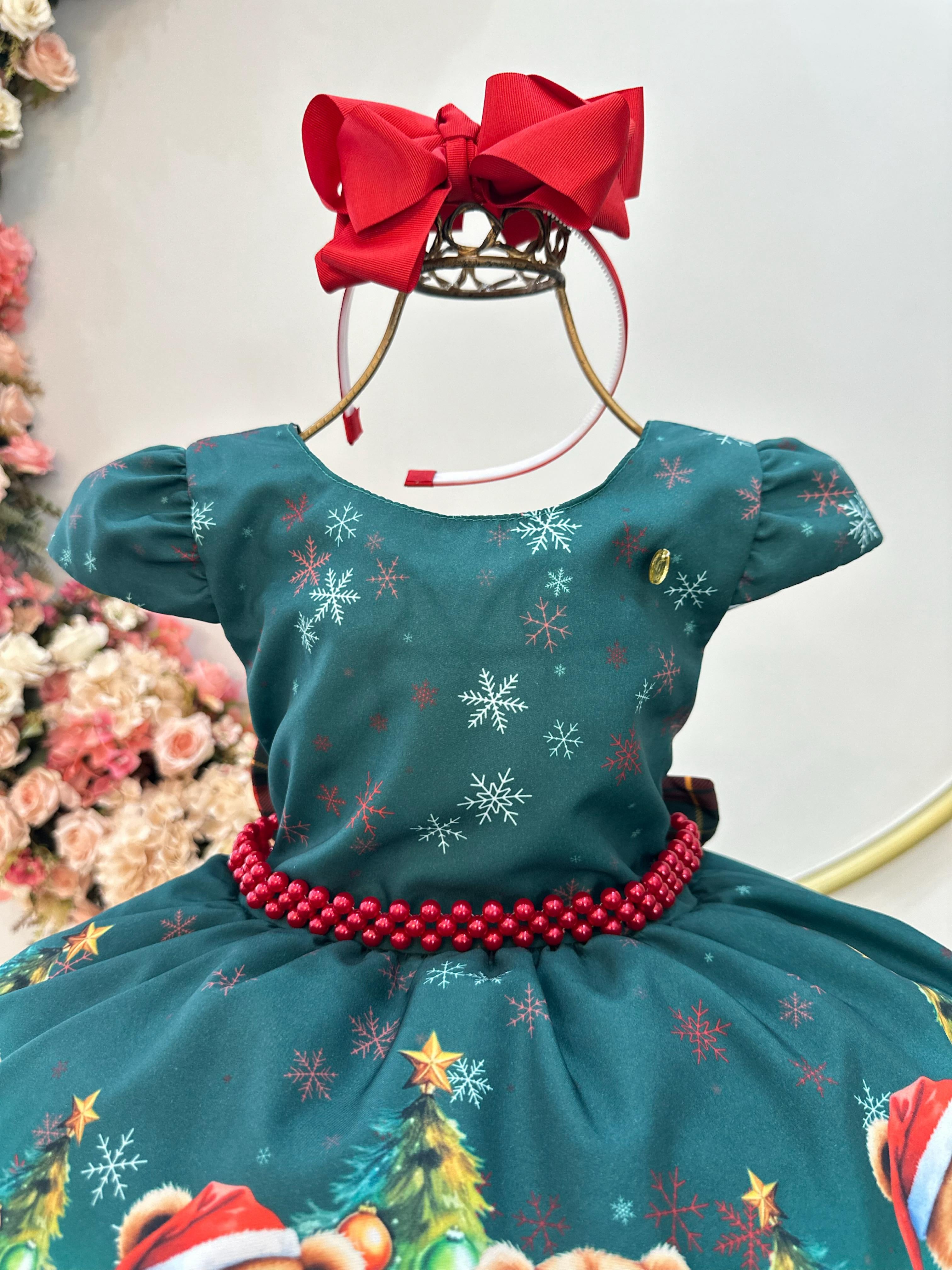Vestido Infantil Verde Bandeira Ursinhos Natal Festas