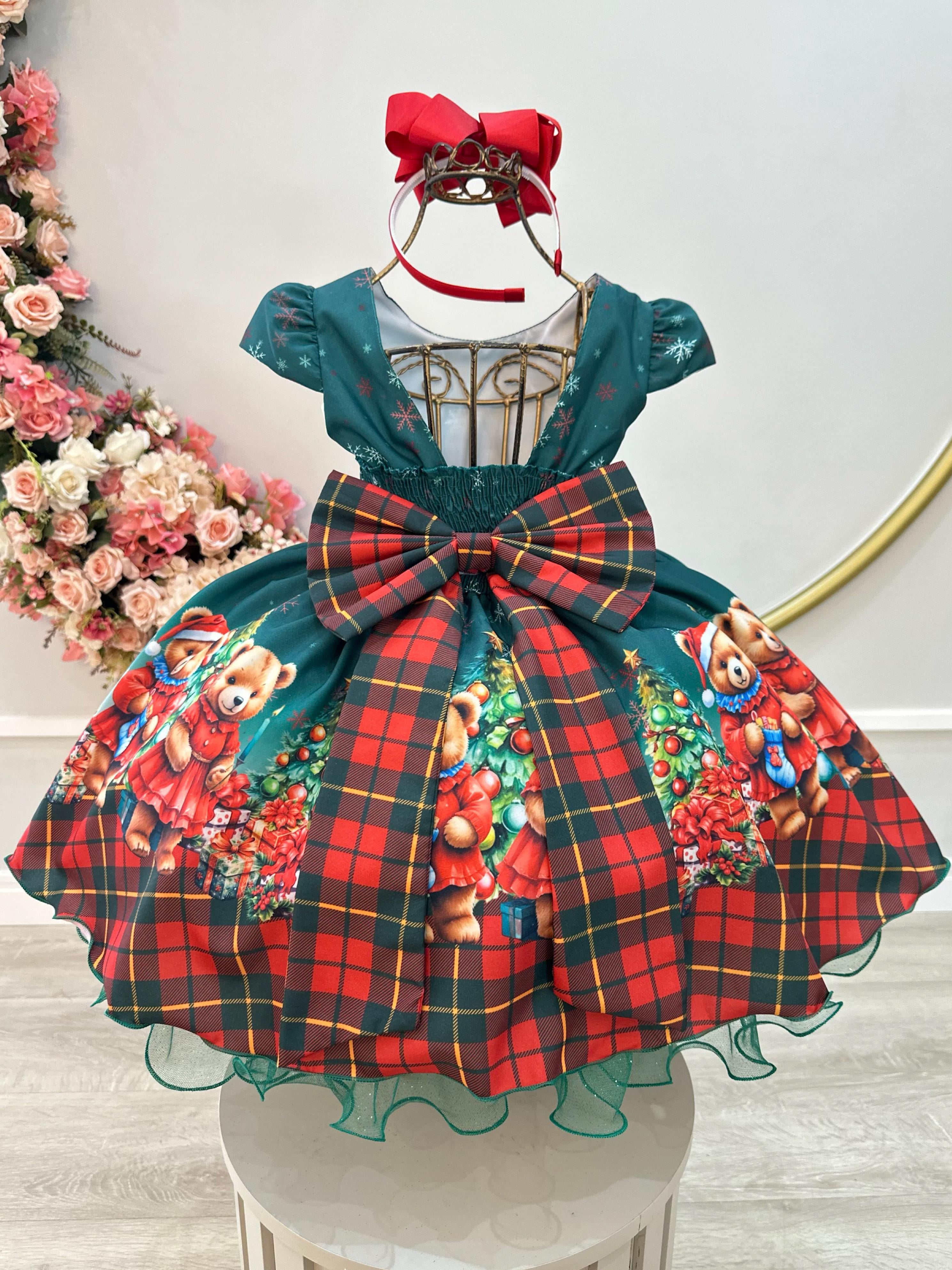 Vestido Infantil Verde Bandeira Ursinhos Natal Festas
