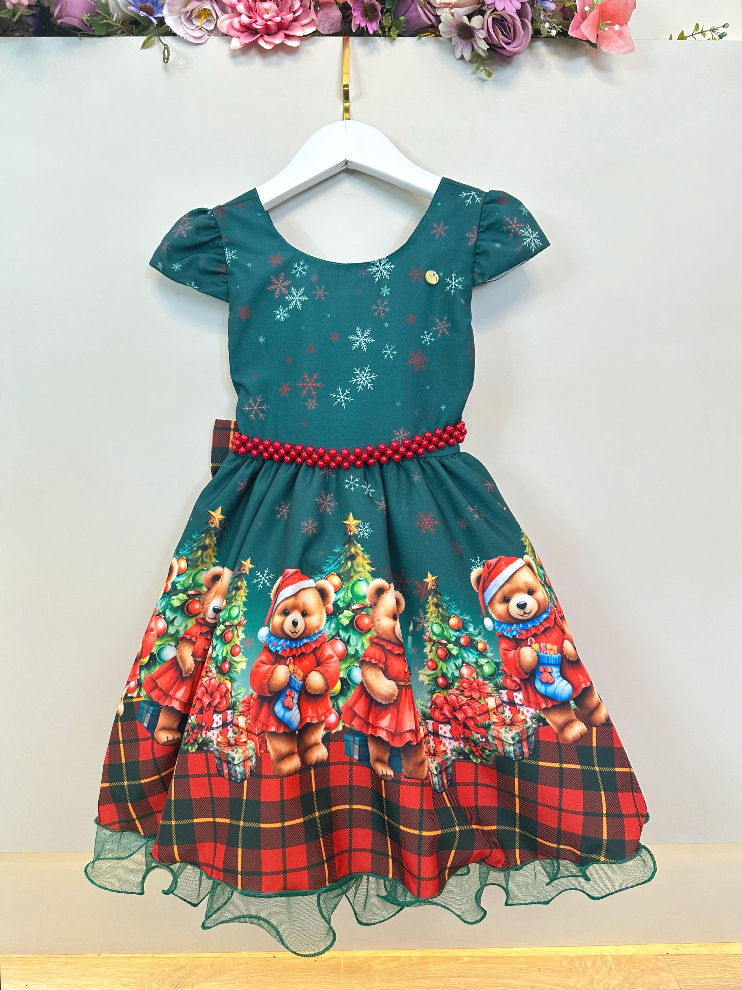 Vestido Infantil Verde Bandeira Ursinhos Natal Festas