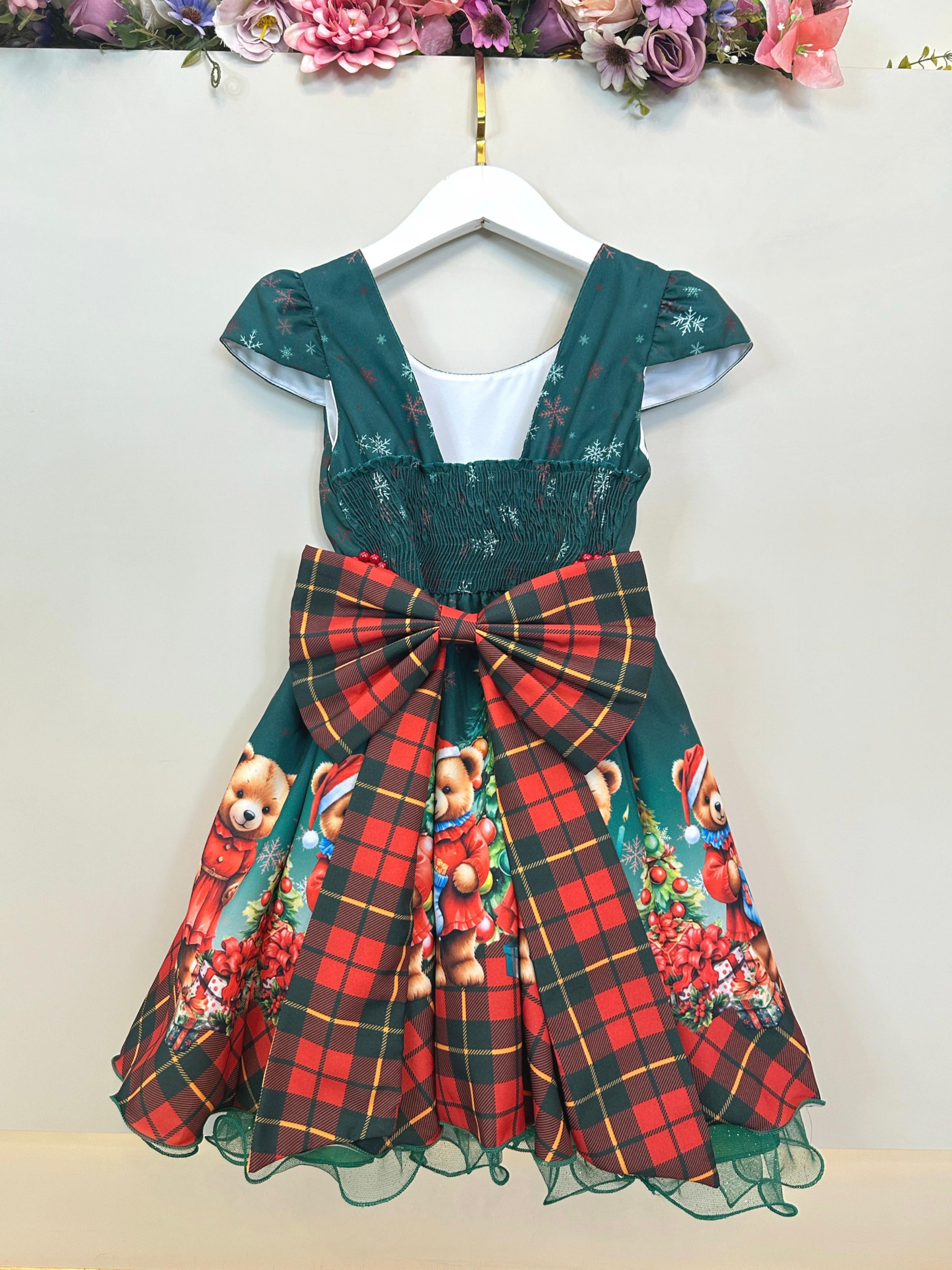 Vestido Infantil Verde Bandeira Ursinhos Natal Festas
