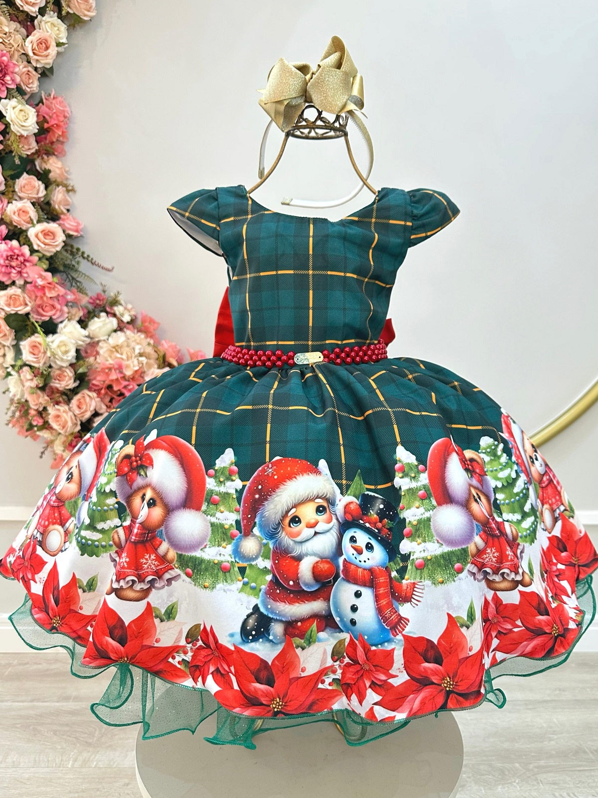 Vestido Infantil Verde Bandeira Xadrez Ursinhos Festas Natal
