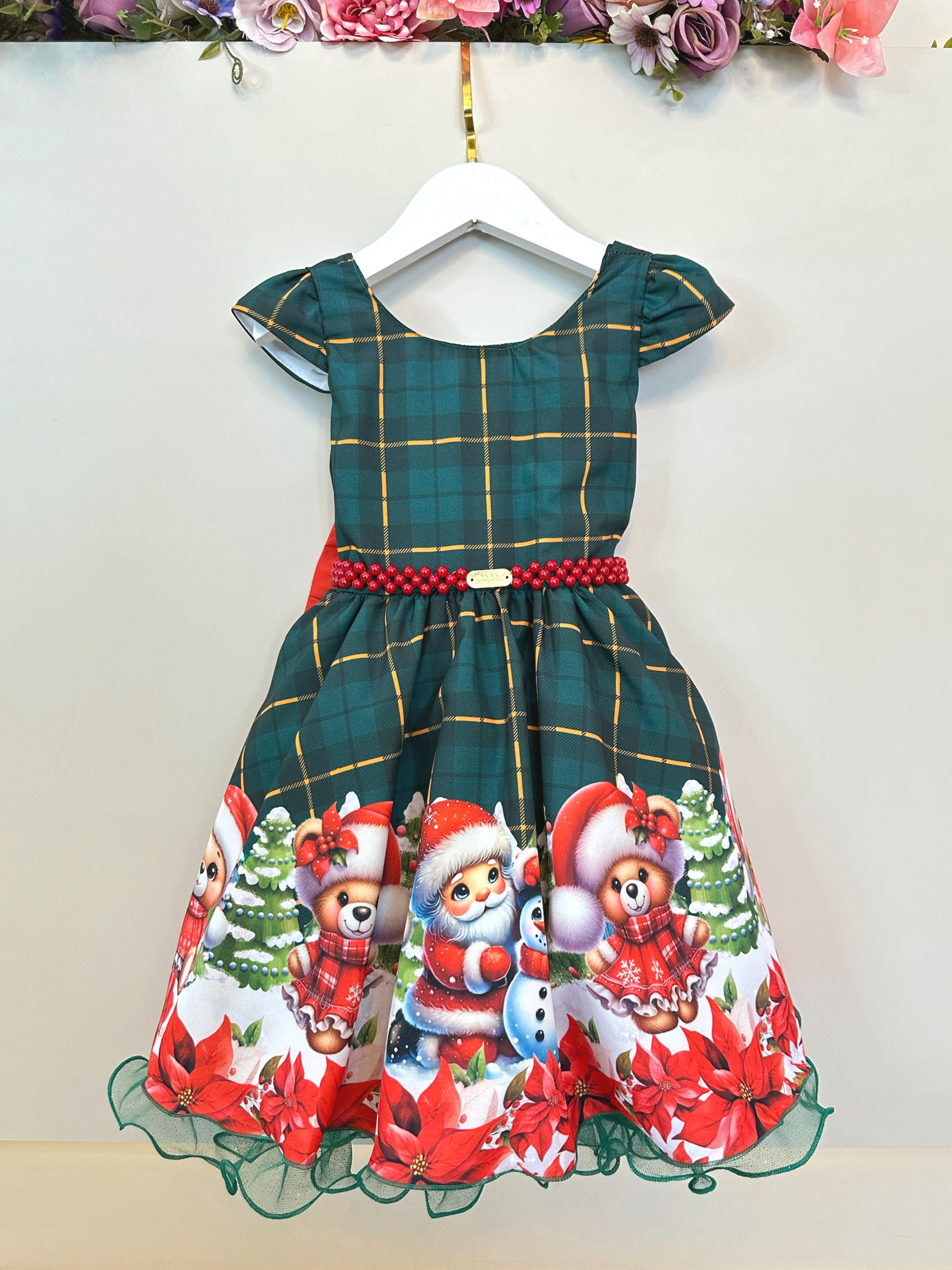 Vestido Infantil Verde Bandeira Xadrez Ursinhos Festas Natal