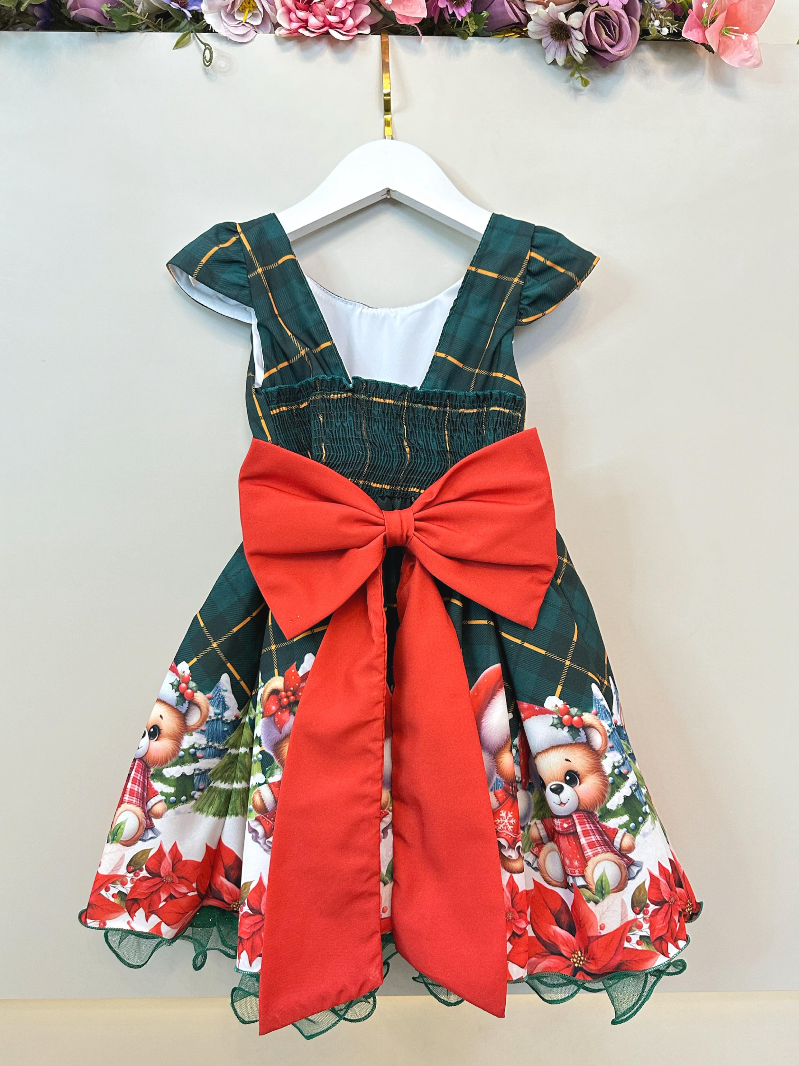 Vestido Infantil Verde Bandeira Xadrez Ursinhos Festas Natal